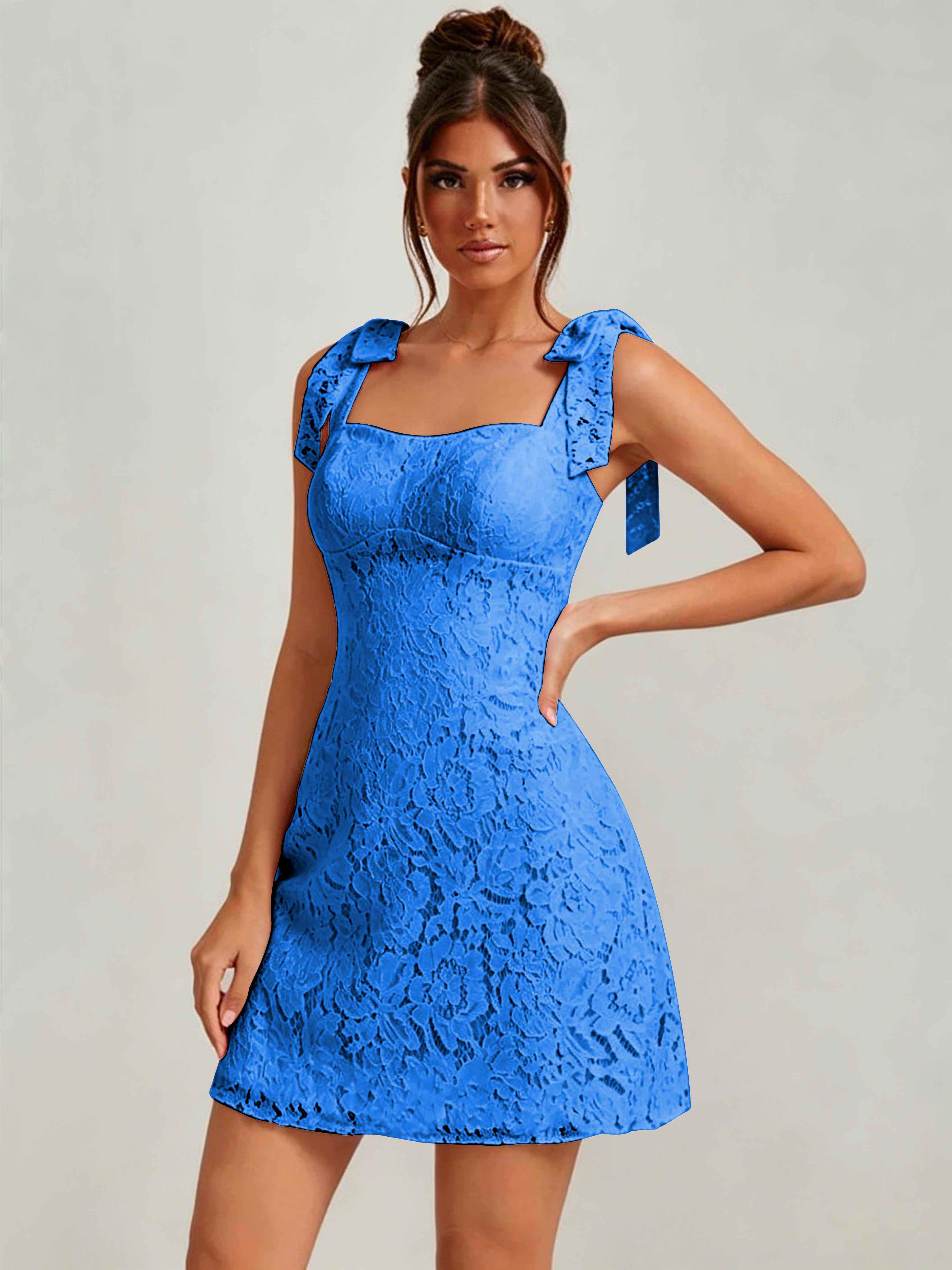 ROVDESY Bow Tie Spaghetti Strap A-Line  Floral Lace Mini Dress