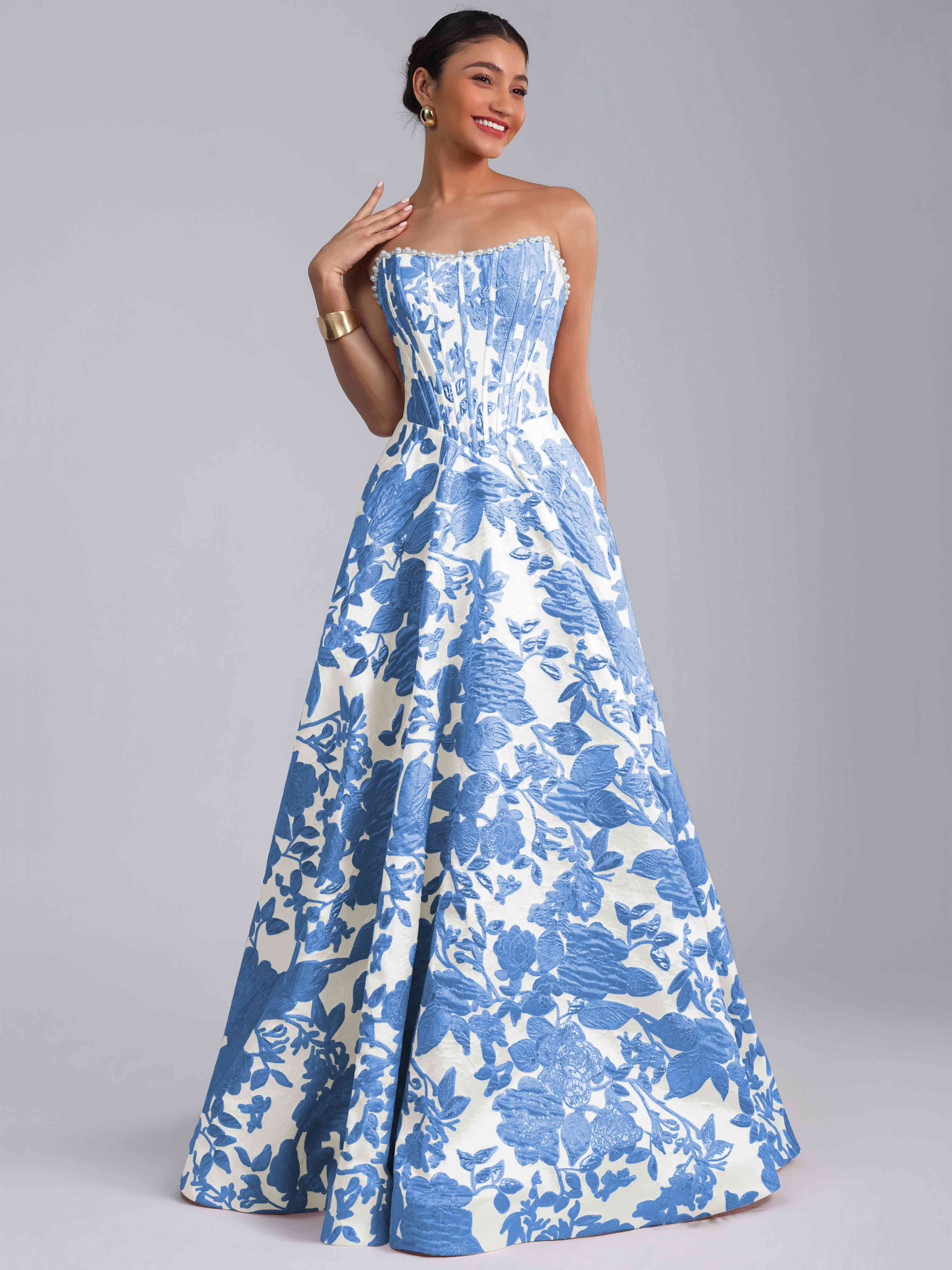 ROVDESY A-Line Strapless Jacquard Satin Prom Dress Long Ball Gown
