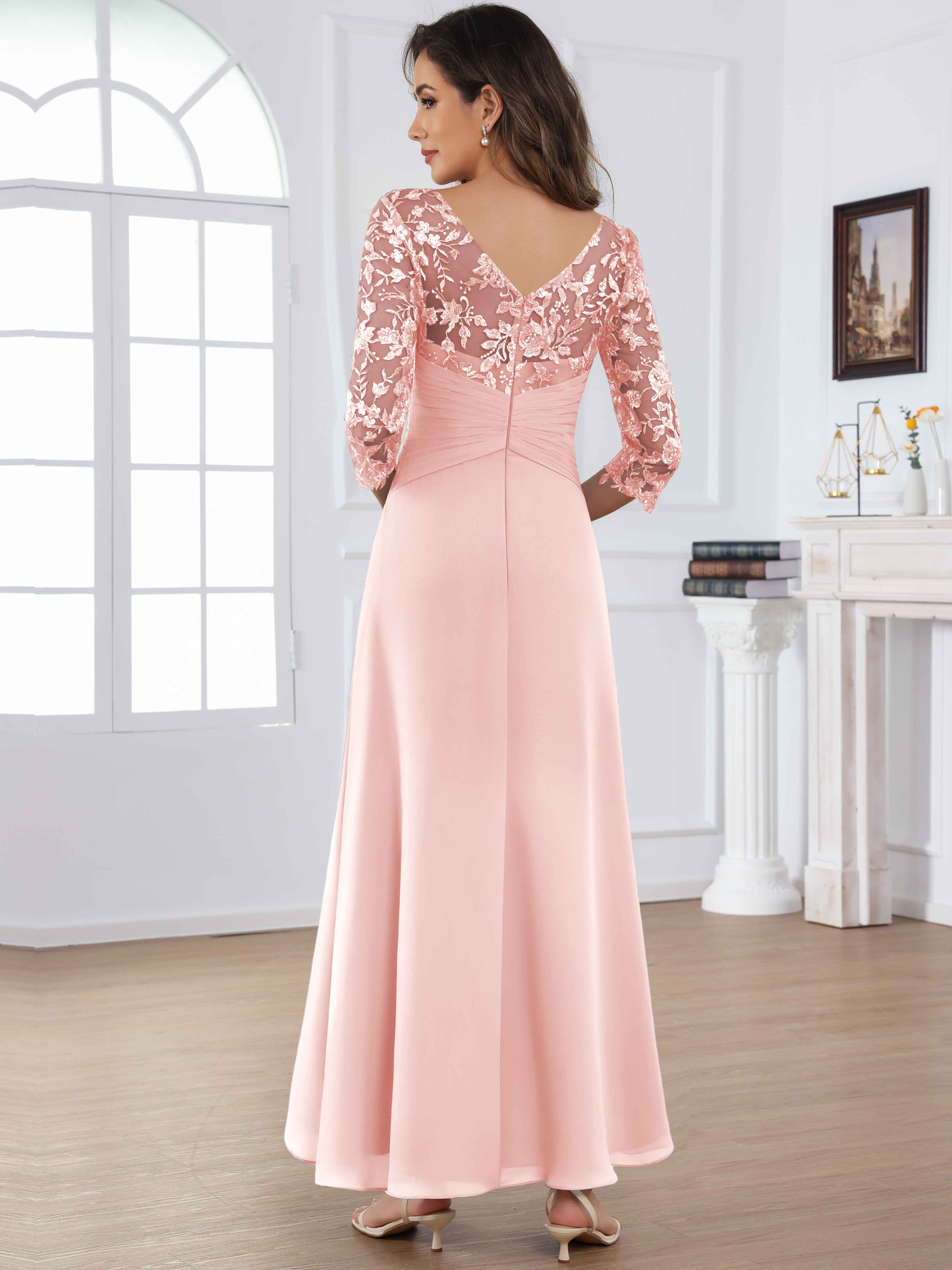 ROVDESY Tea Length Lace Chiffon Mother of The Bride Dress with 3/4 Sleeves