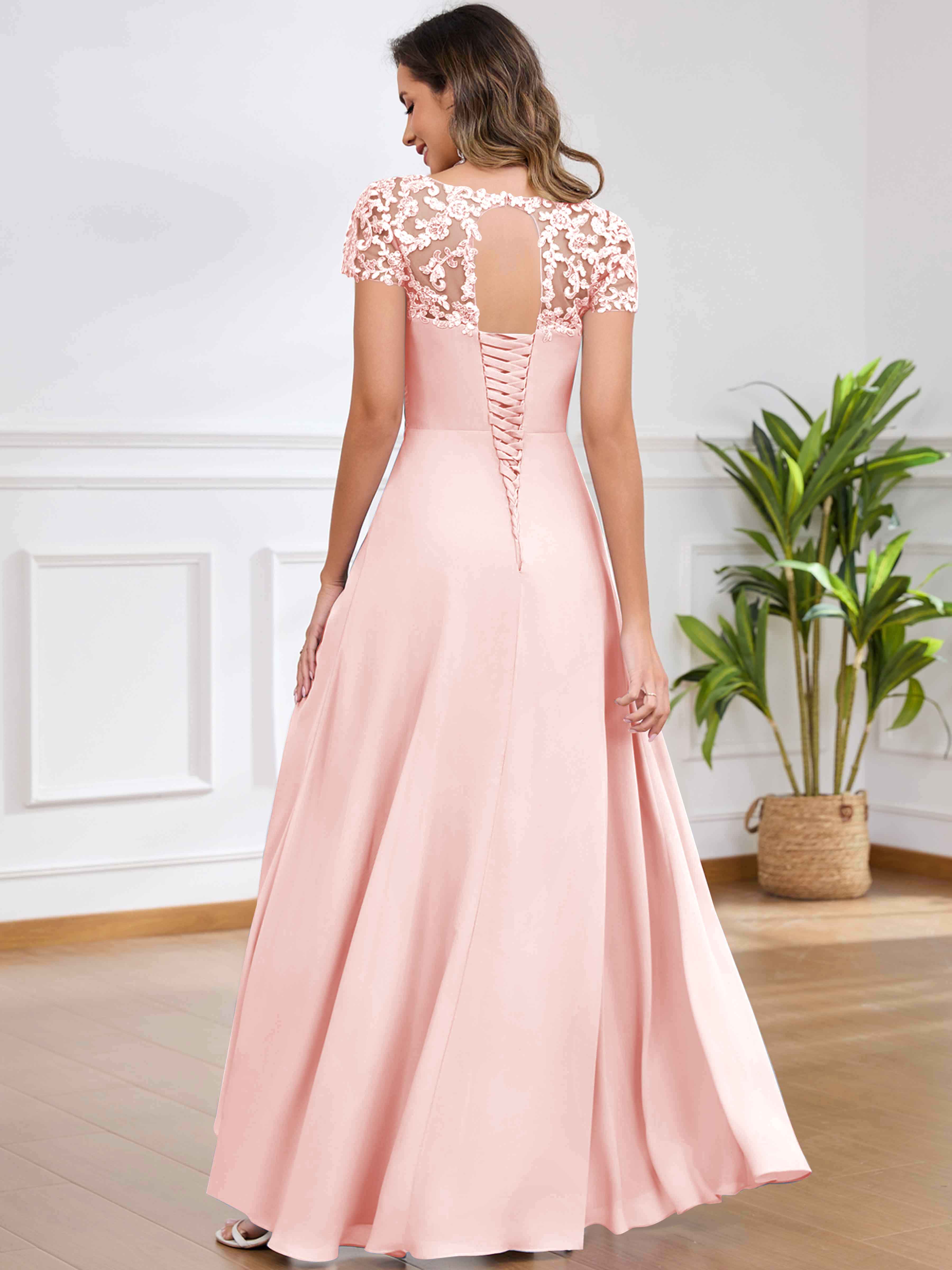 ROVDESY A-Line Pleated Lace Sequin Ruffle Chiffon Mother Of The Bride Dress With Slit