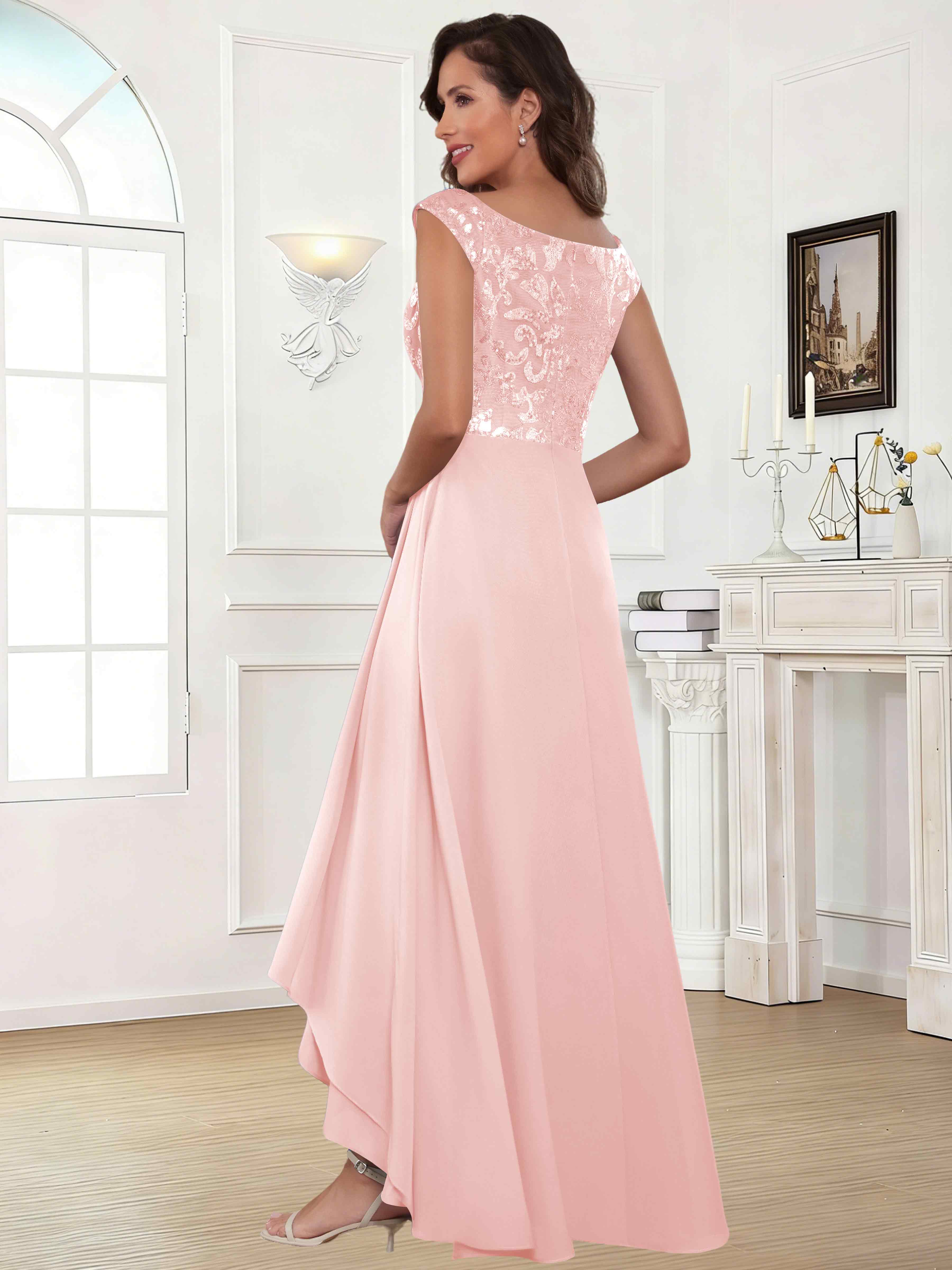 ROVDESY Tea Length Off-The-Shoulder Sequin Chiffon Mother Of The Bride Dress