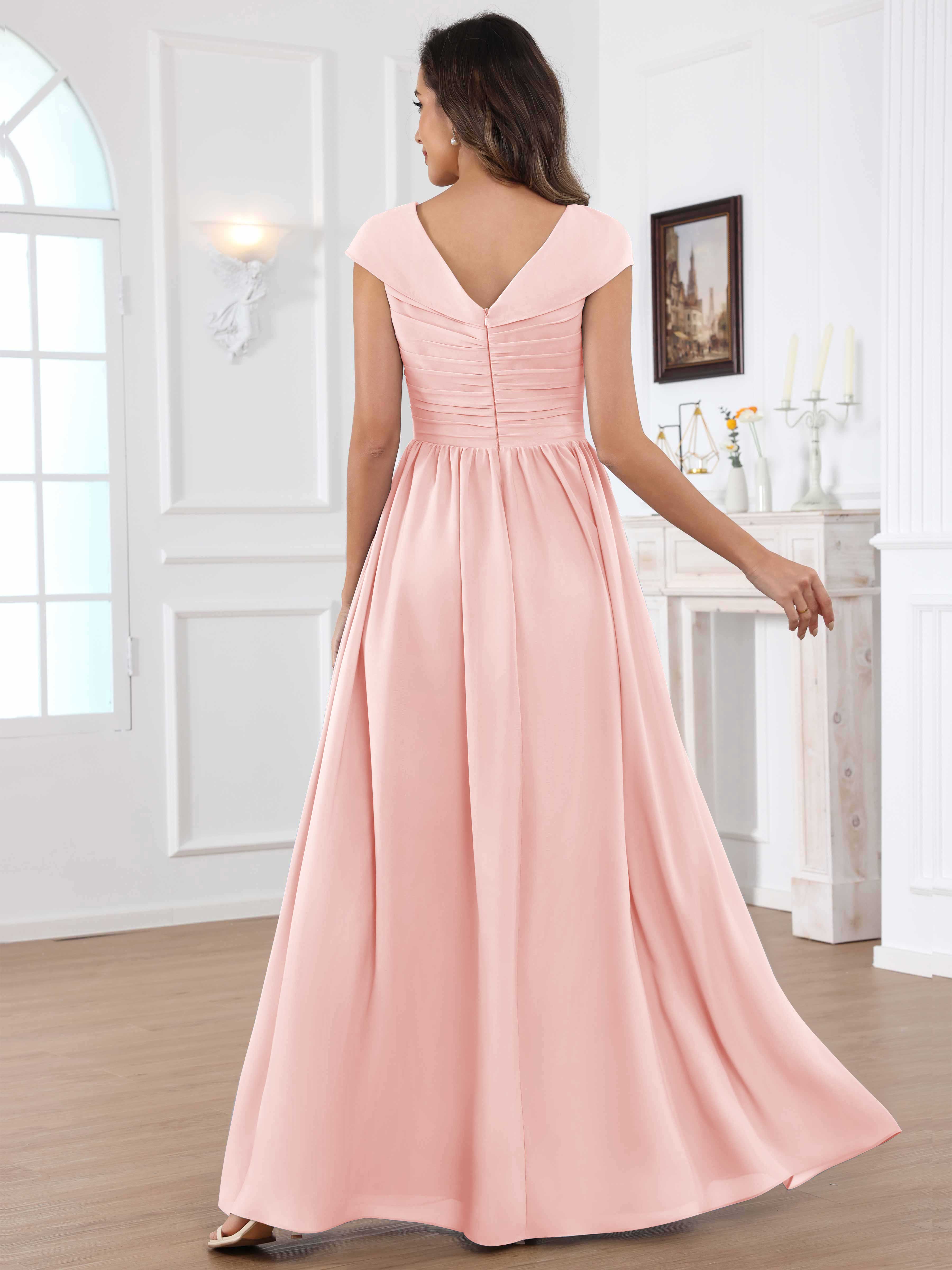 ROVDESY A-Line Cap Sleeves Pleated Chiffon Mother Of The Bride Dress