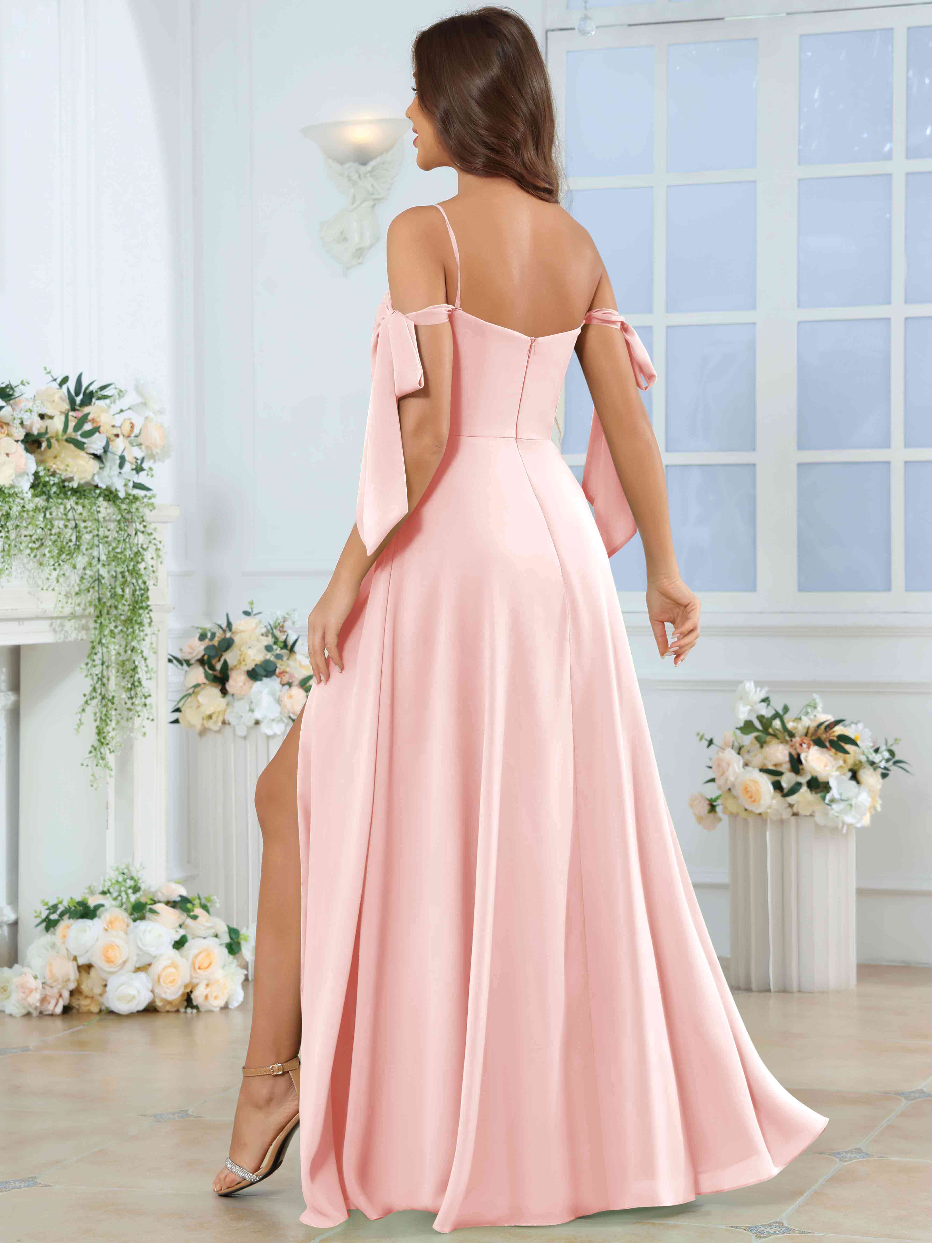 ROVDESY Spaghetti Strap Pleated Ruffle Slit Chiffon Bridesmaid Dress With Bow Sleeves