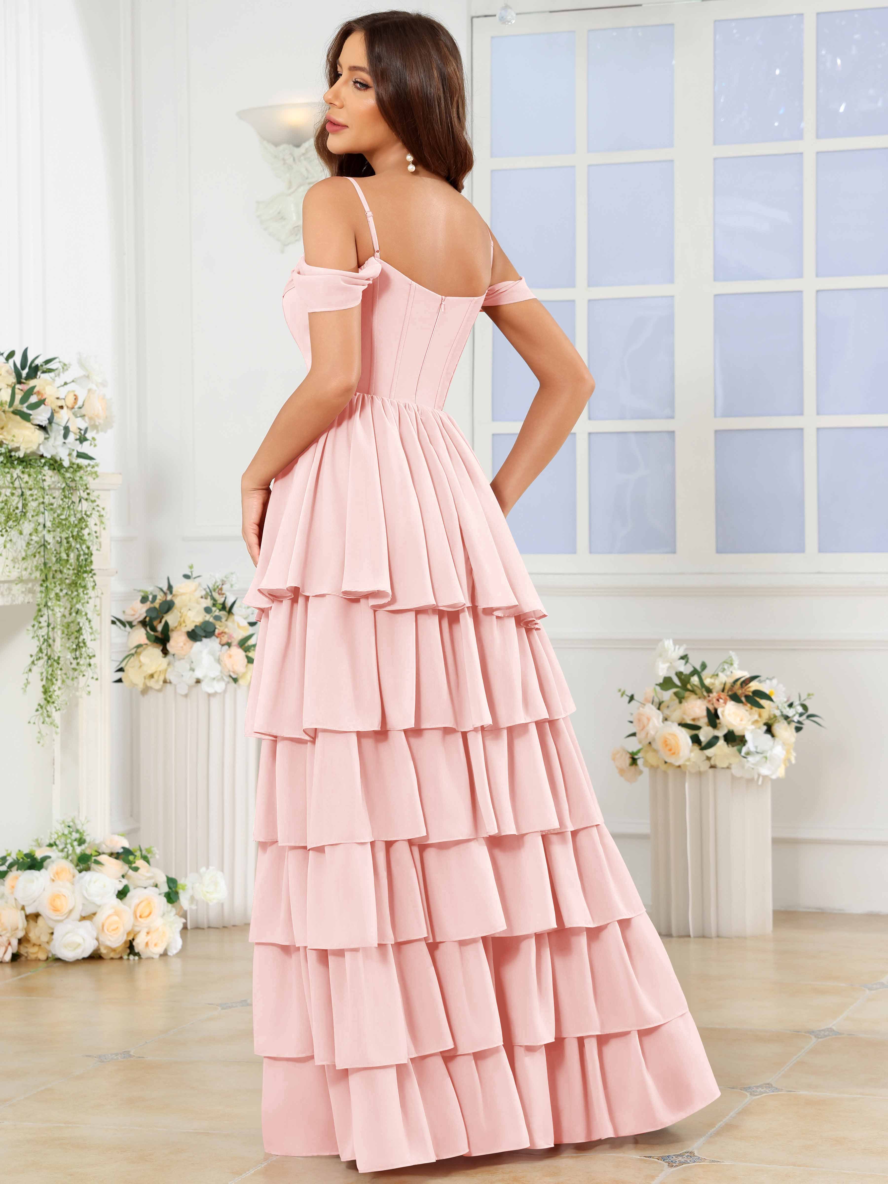 ROVDESY A-Line Off The Shoulder Tiered Chiffon Bridesmaid/Prom Dress With Slit