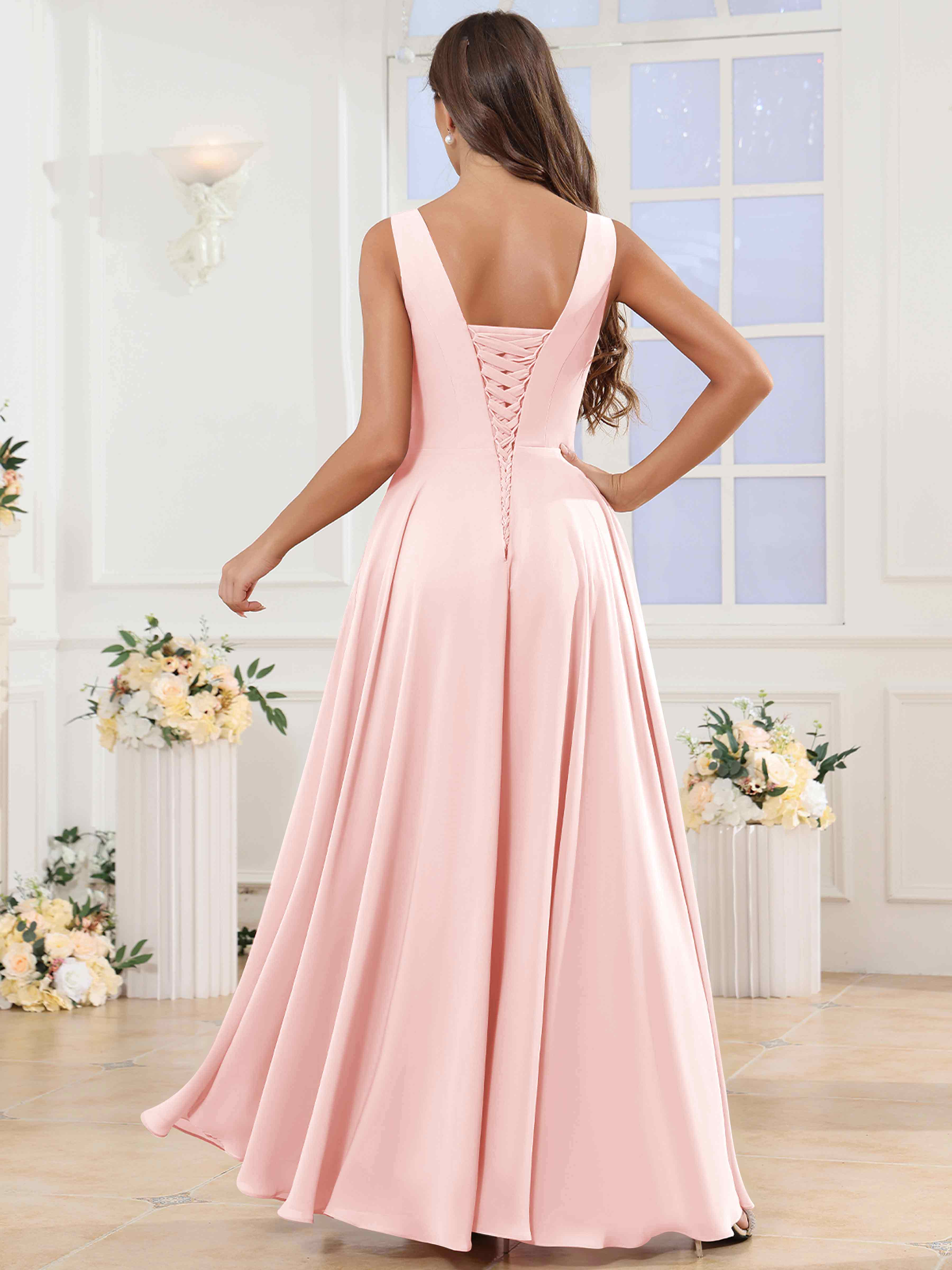 ROVDESY V-Neck Pleated Sleeveless Ruffle Chiffon Bridesmaid Dress With Slit