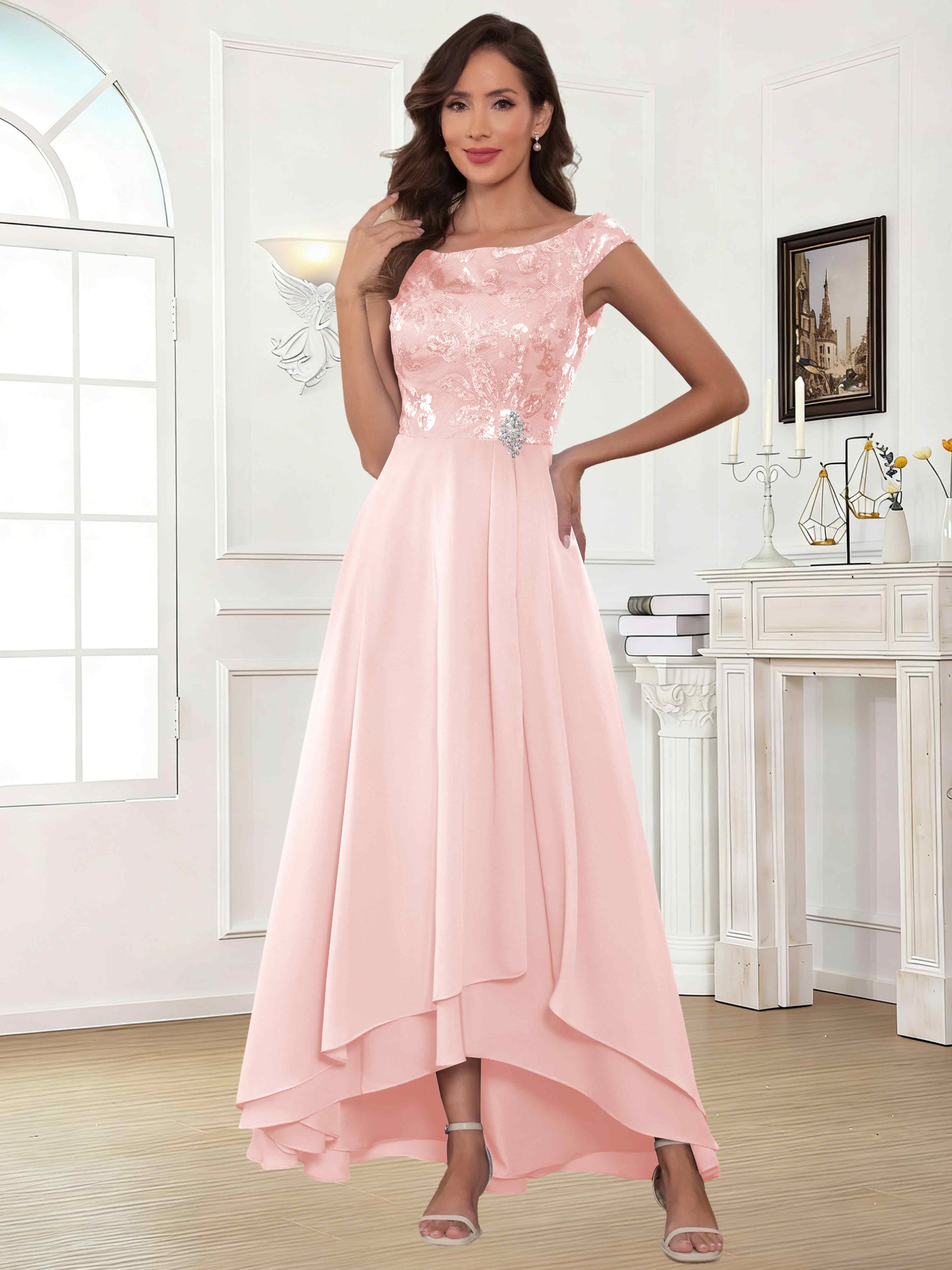 ROVDESY Tea Length Off-The-Shoulder Sequin Chiffon Mother Of The Bride Dress