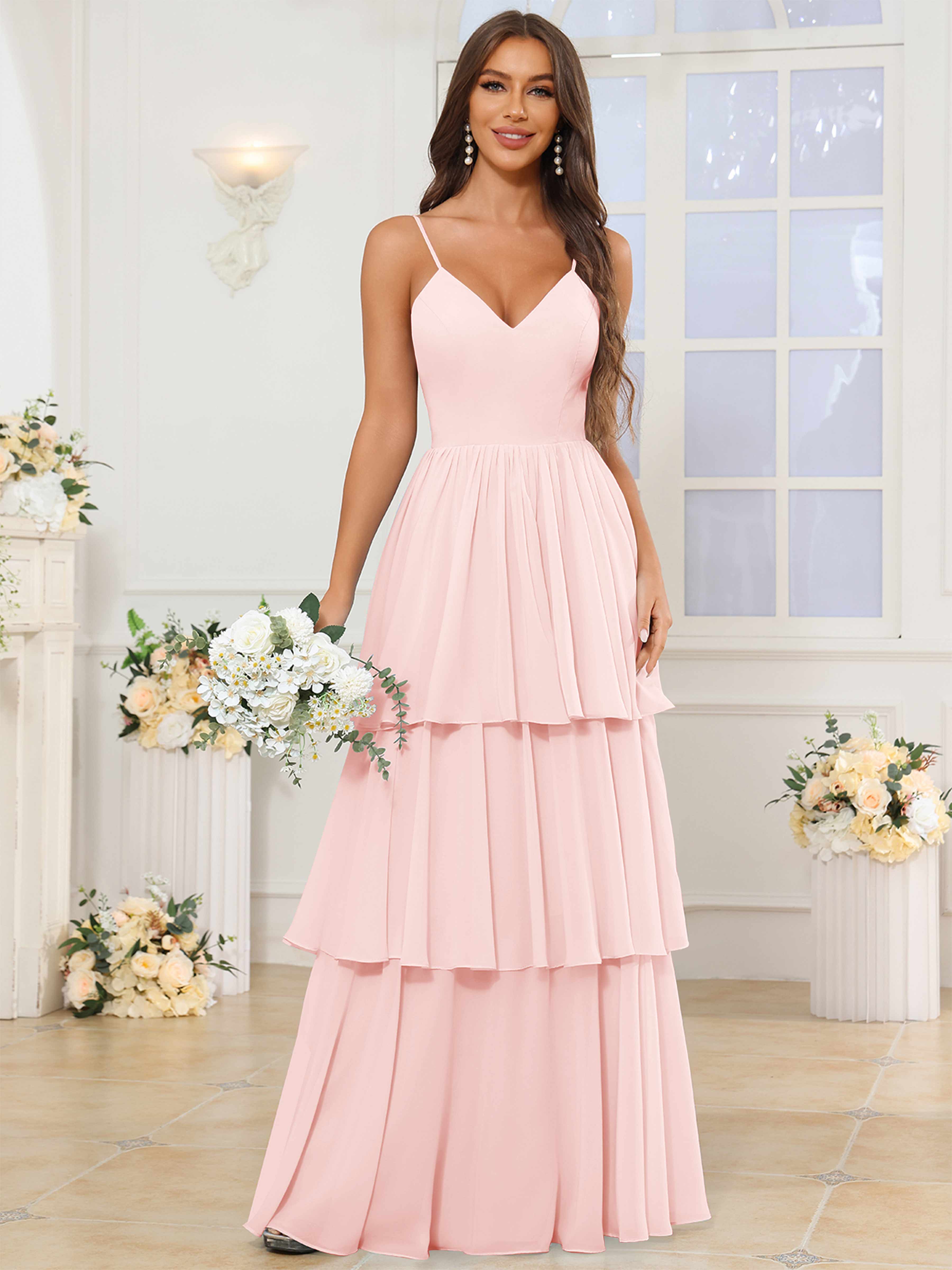 ROVDESY V-Neck Spaghetti Straps Tiered Chiffon Bridesmaid Dress With Ruffles