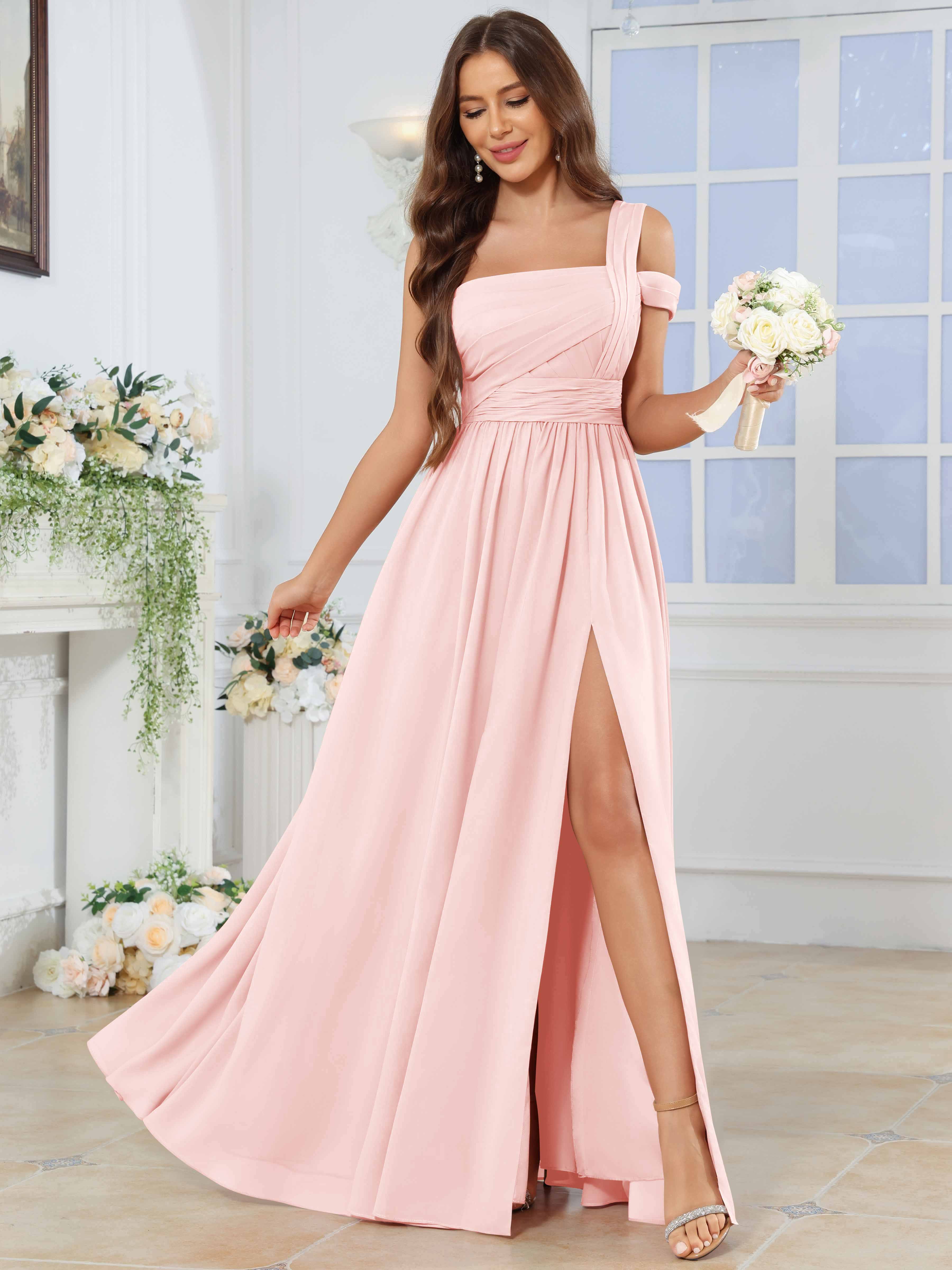 ROVDESY One Shoulder Pleated Chiffon Bridesmaid Dress With Slit