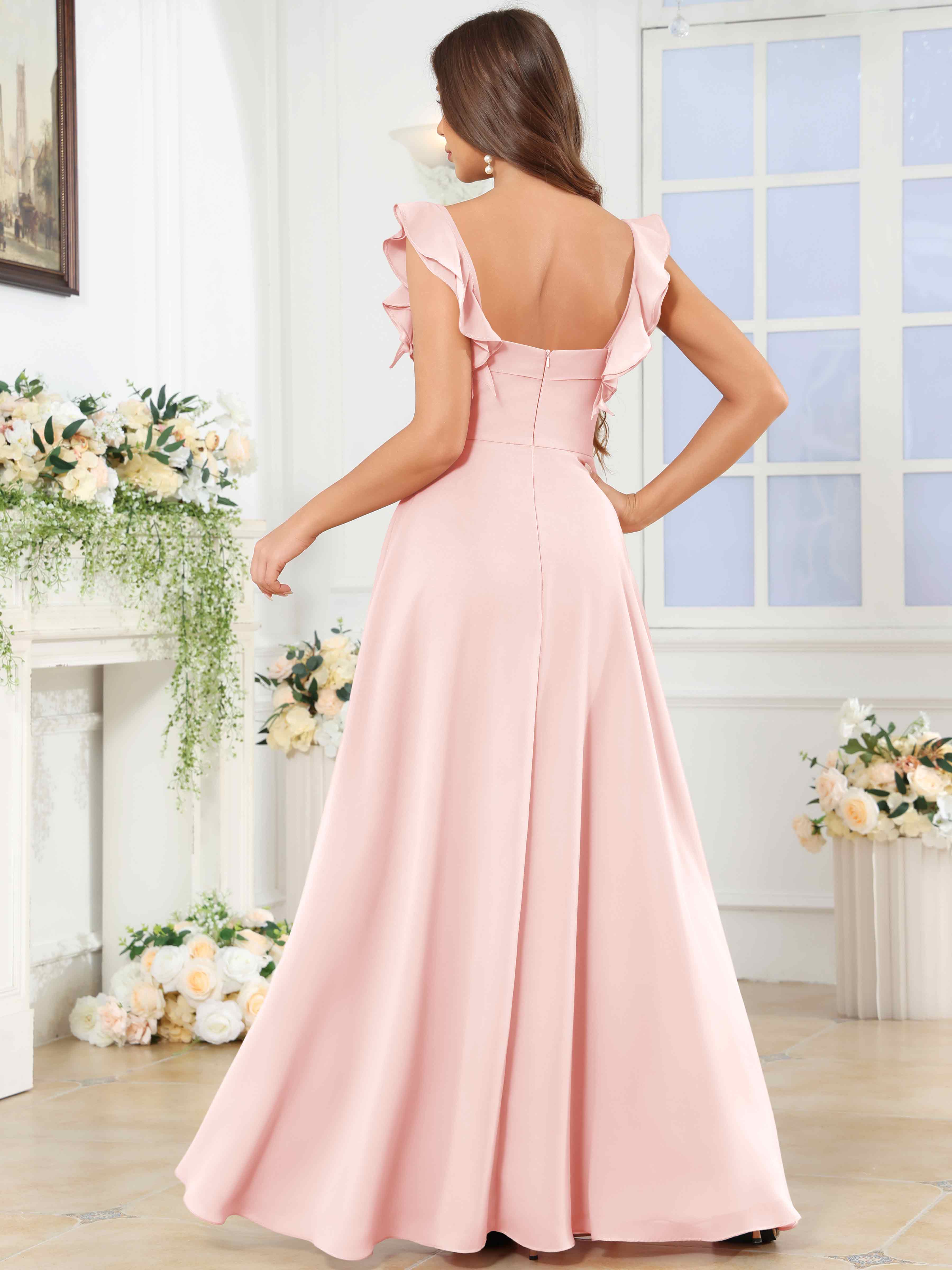 ROVDESY Square Neck Ruffle Chffion Bridesmaid Dress With Slit