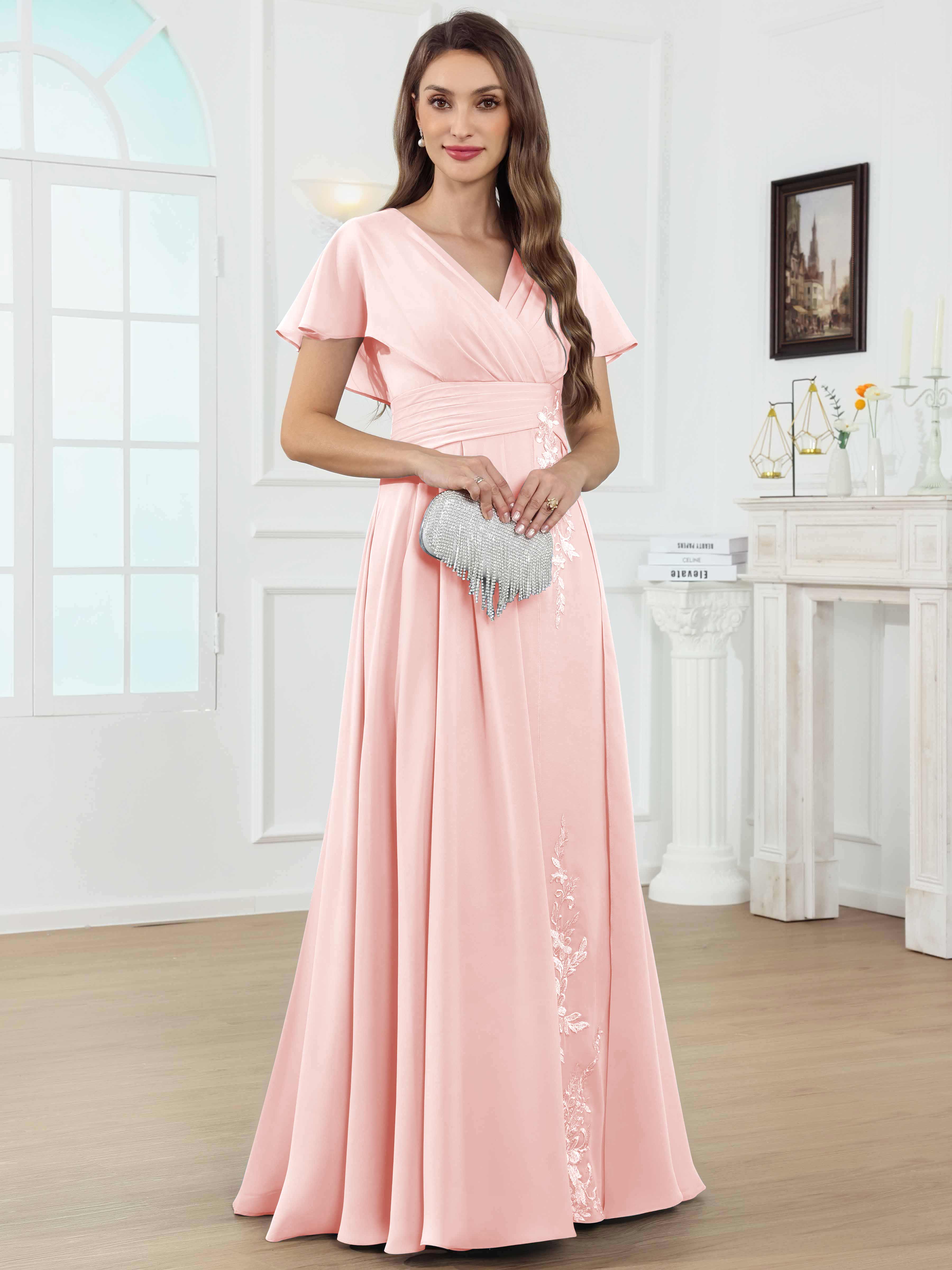 ROVDESY A-Line V-Neck Pleated Lace Chiffon Mother Of The Bride Dress With Short Sleeves