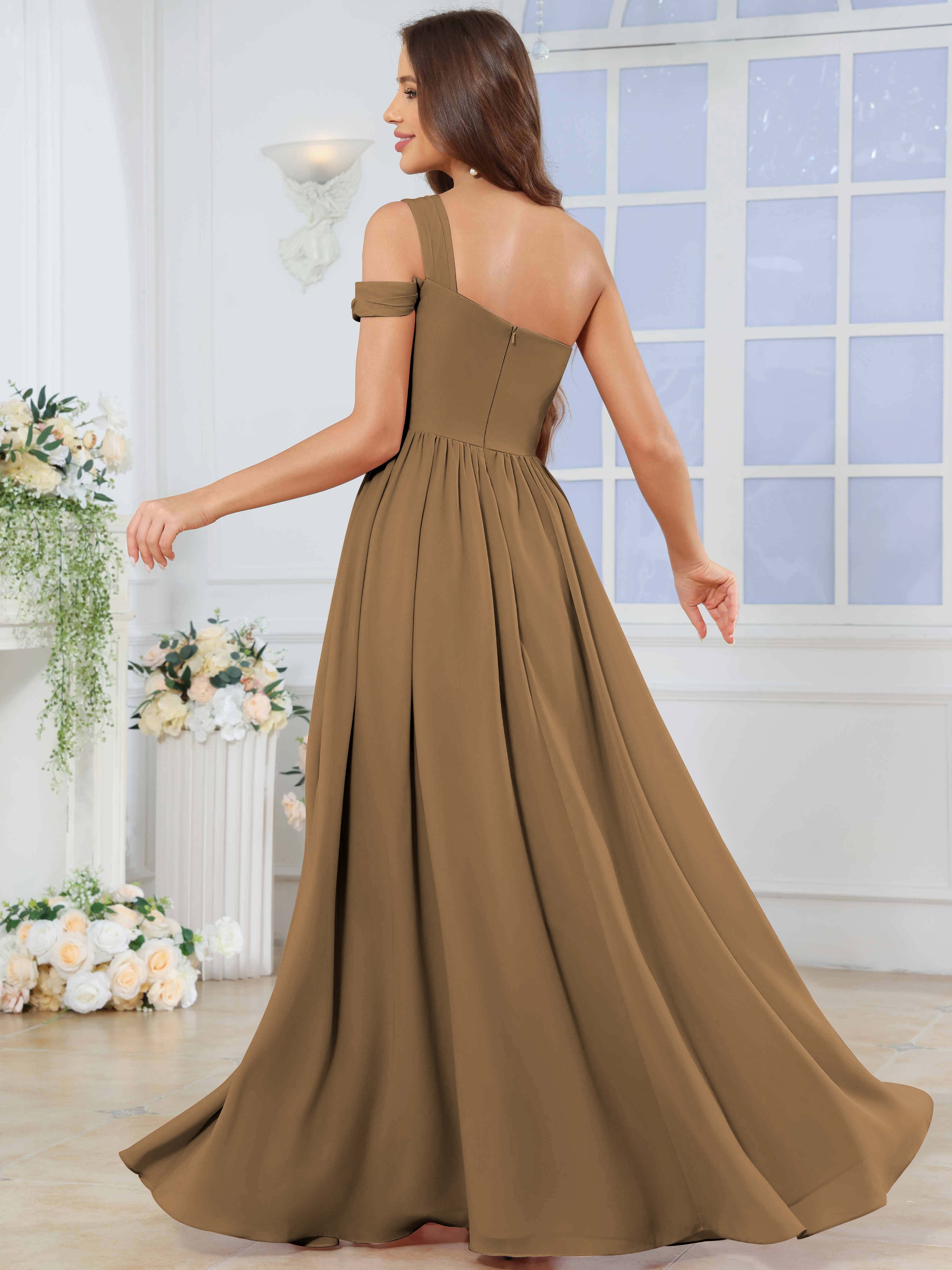 ROVDESY One Shoulder Pleated Chiffon Bridesmaid Dress With Slit