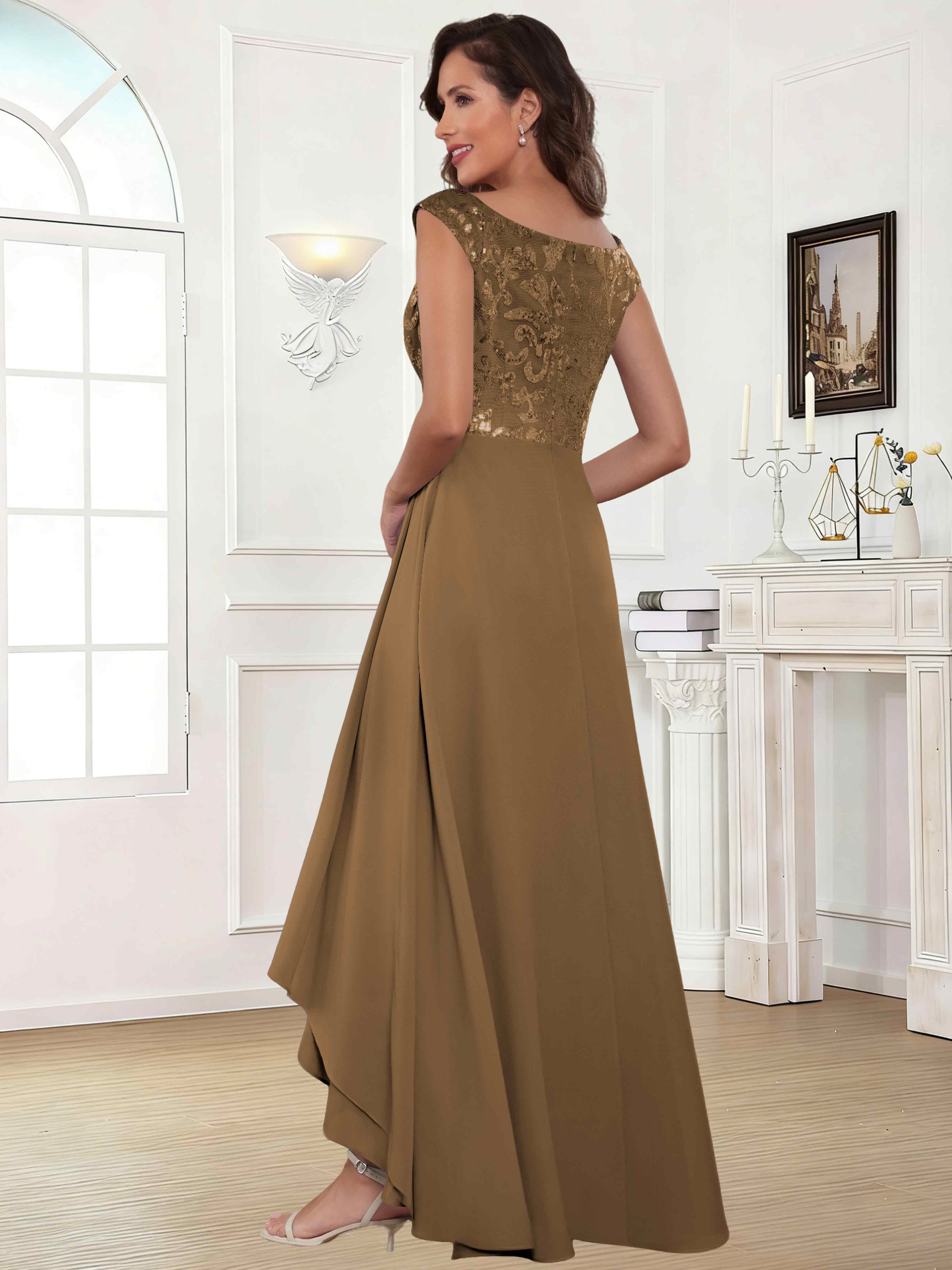ROVDESY Tea Length Off-The-Shoulder Sequin Chiffon Mother Of The Bride Dress