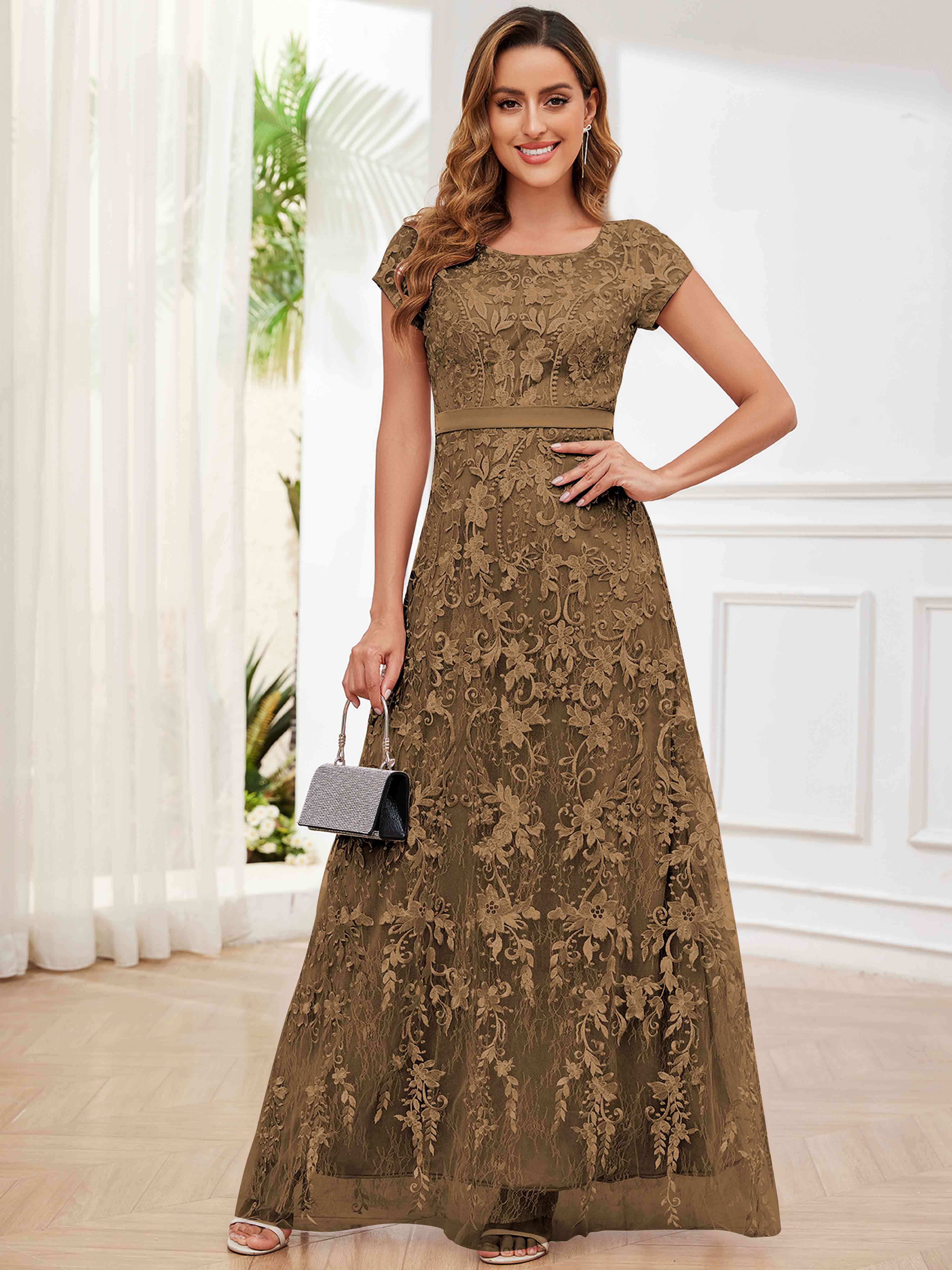 ROVDESY Elegant Lace Mother Of The Bride Dress With Short Sleeves Formal Gown