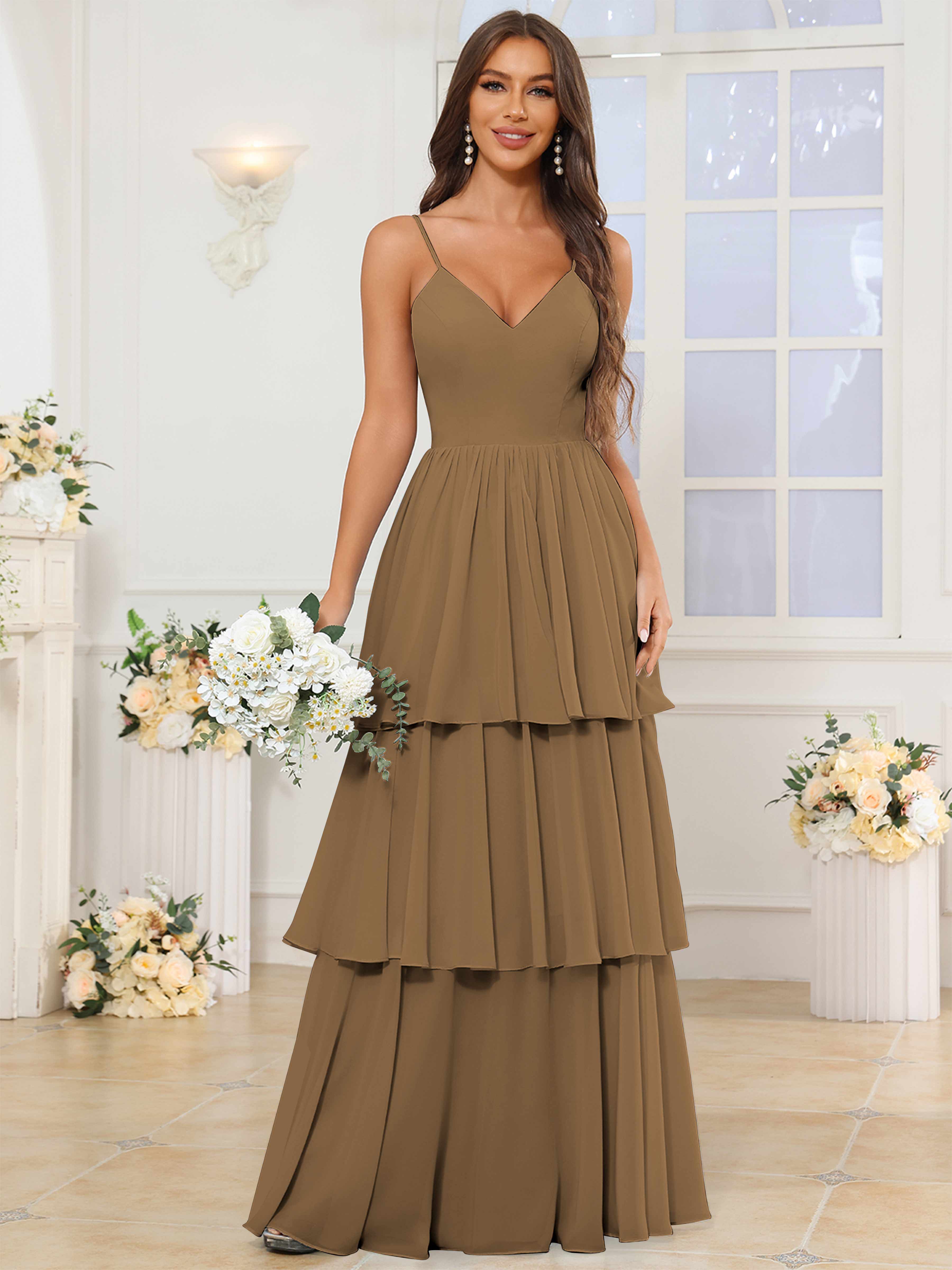 ROVDESY V-Neck Spaghetti Straps Tiered Chiffon Bridesmaid Dress With Ruffles