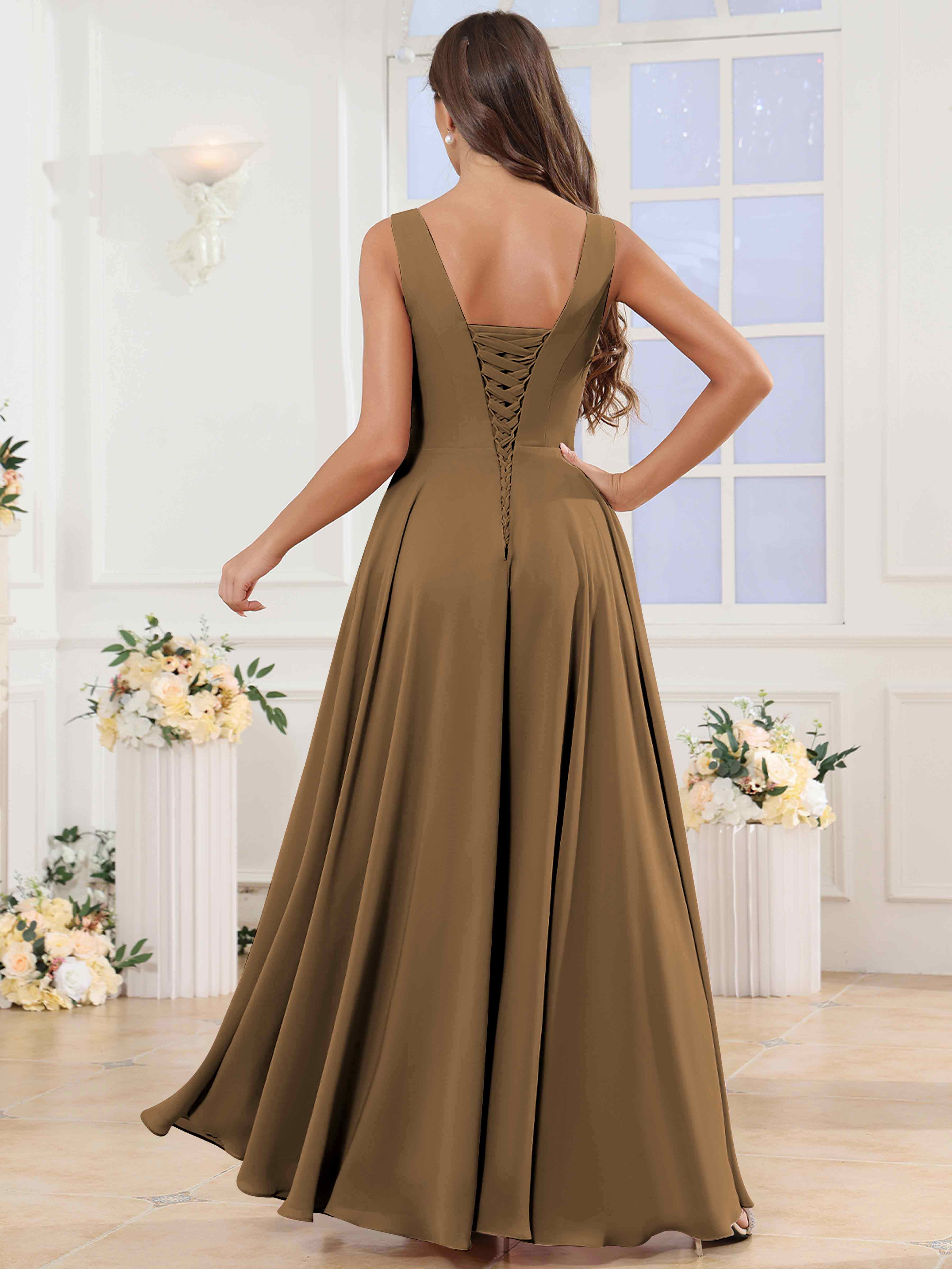 ROVDESY V-Neck Pleated Sleeveless Ruffle Chiffon Bridesmaid Dress With Slit