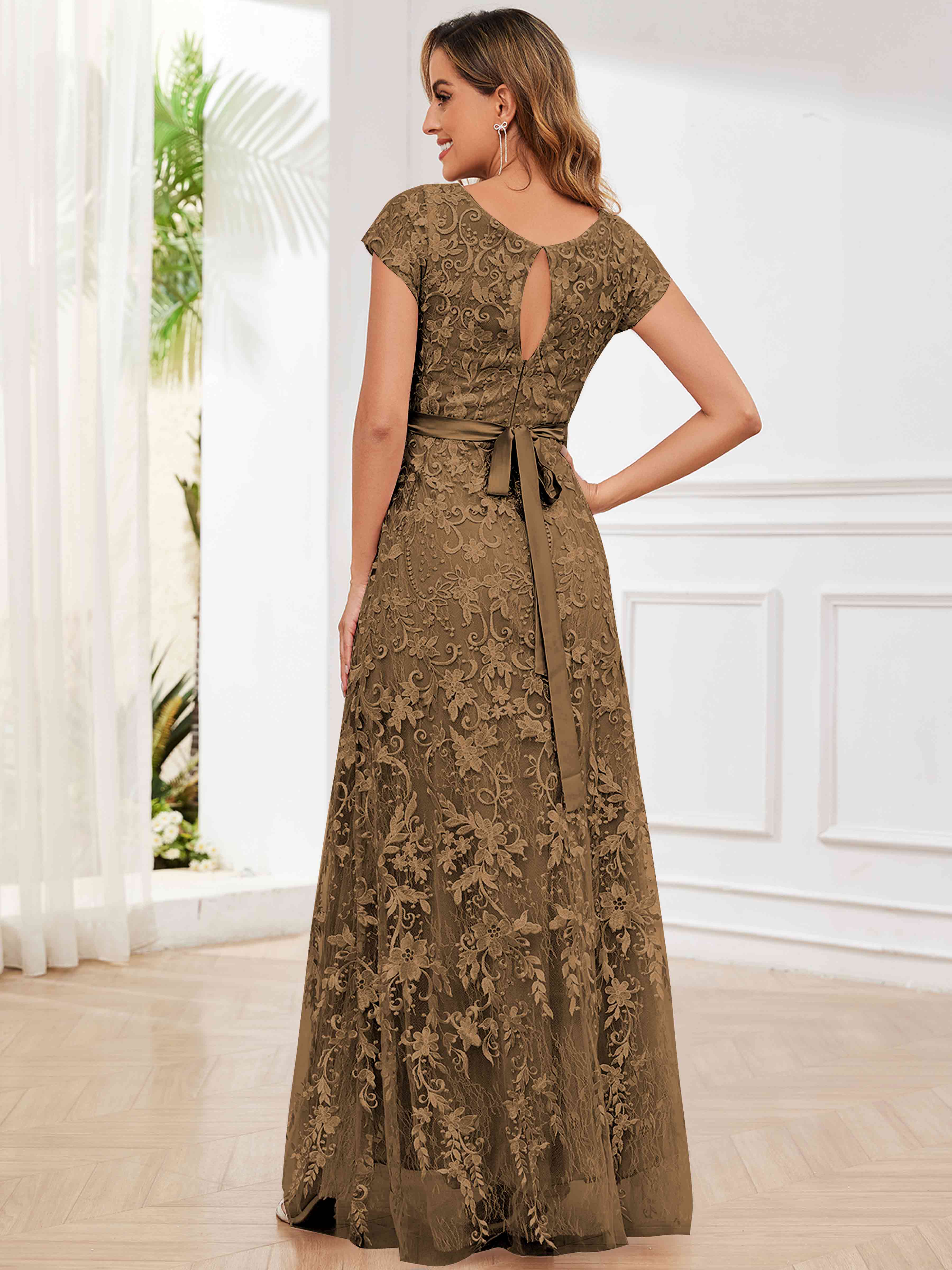 ROVDESY Elegant Lace Mother Of The Bride Dress With Short Sleeves Formal Gown