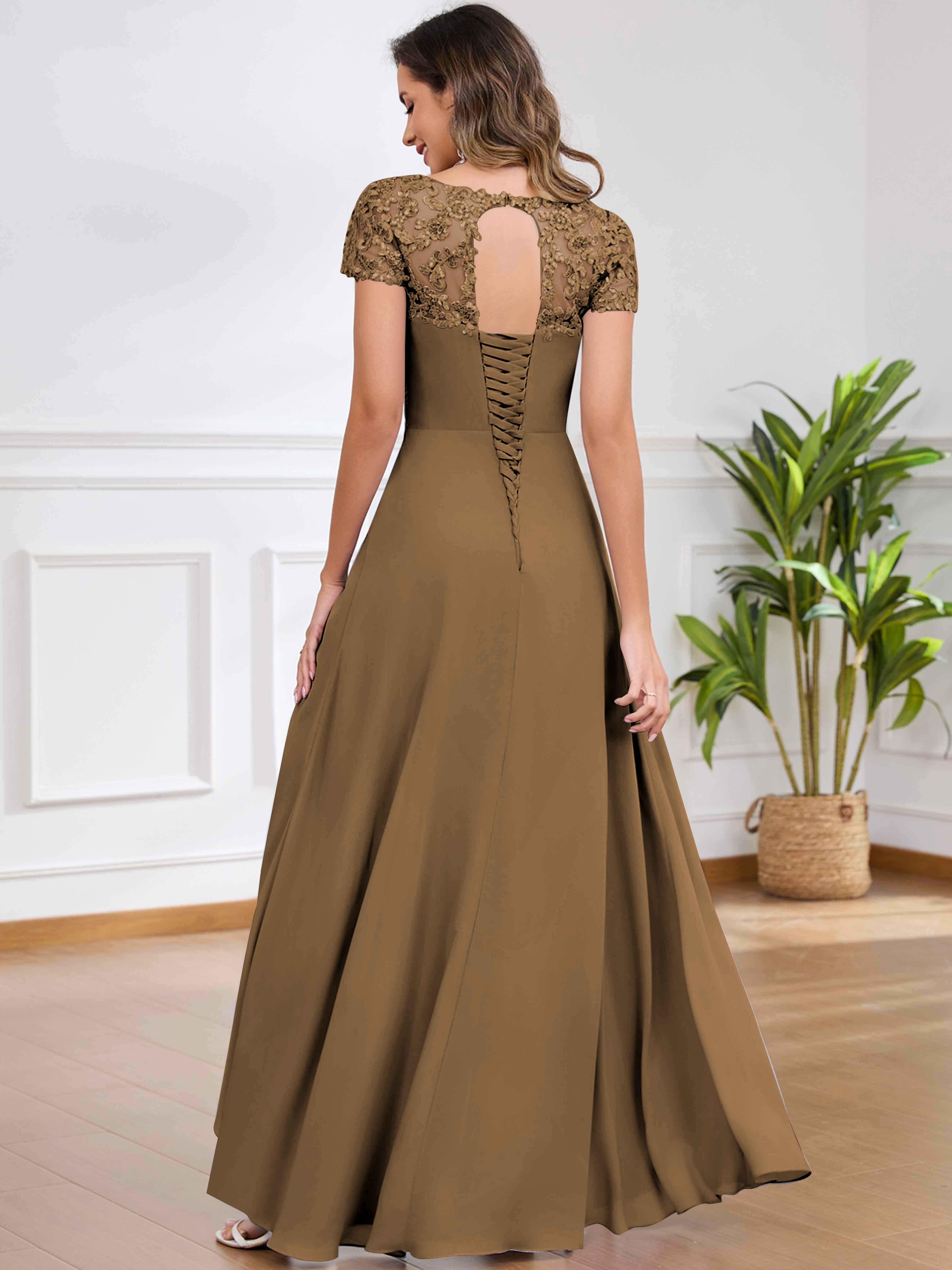 ROVDESY A-Line Pleated Lace Sequin Ruffle Chiffon Mother Of The Bride Dress With Slit
