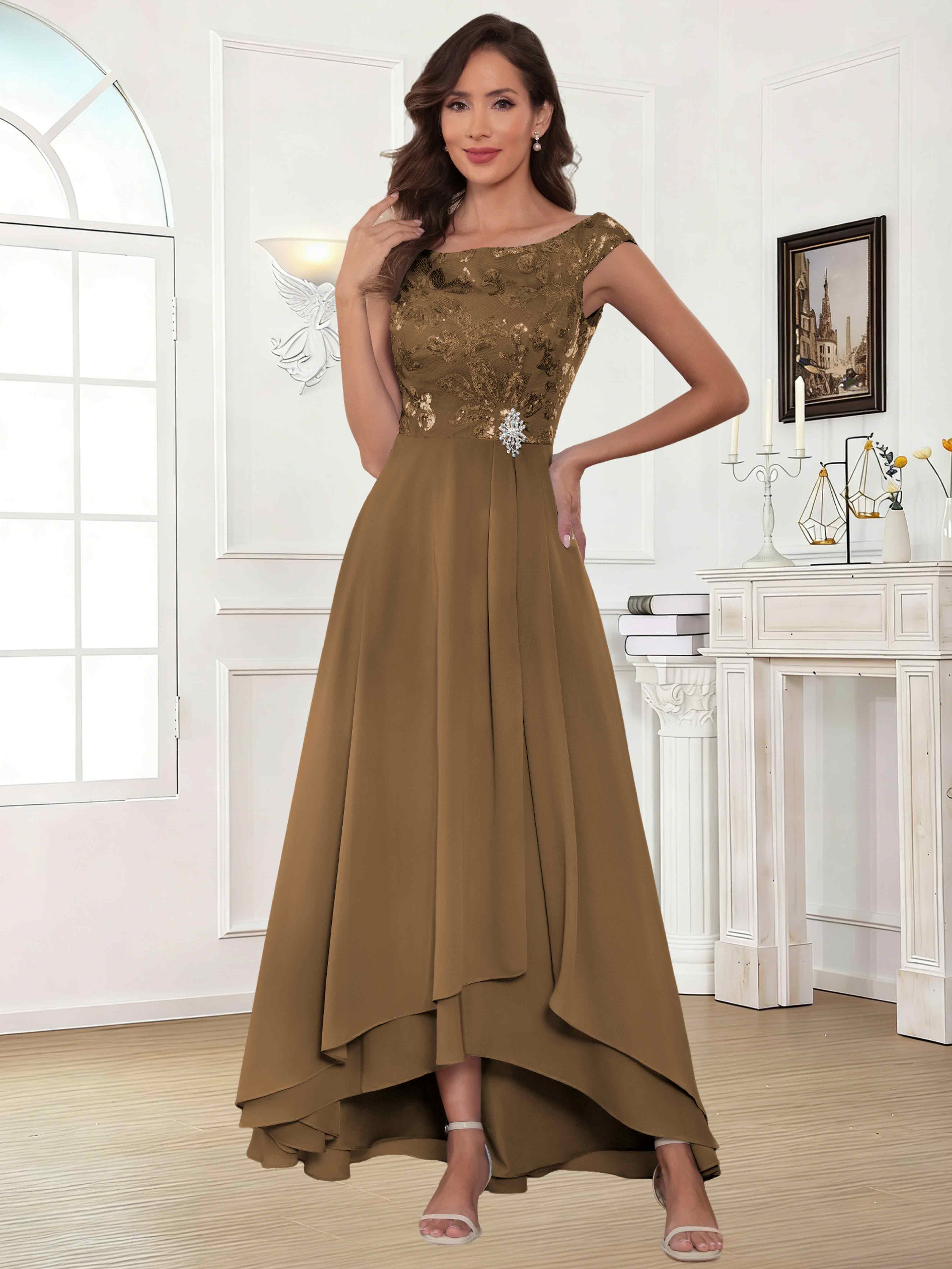 ROVDESY Tea Length Off-The-Shoulder Sequin Chiffon Mother Of The Bride Dress