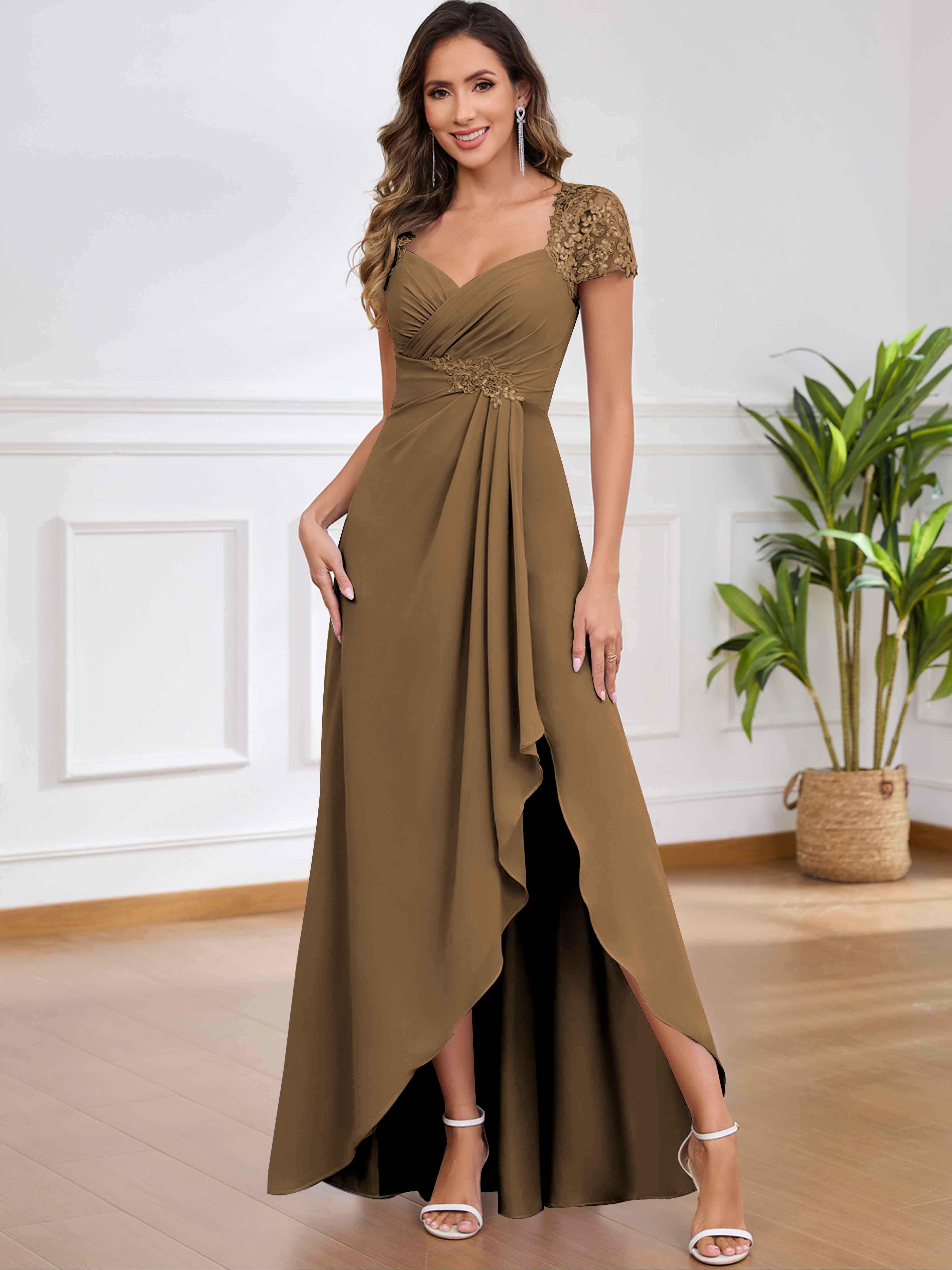 ROVDESY A-Line Pleated Lace Sequin Ruffle Chiffon Mother Of The Bride Dress With Slit