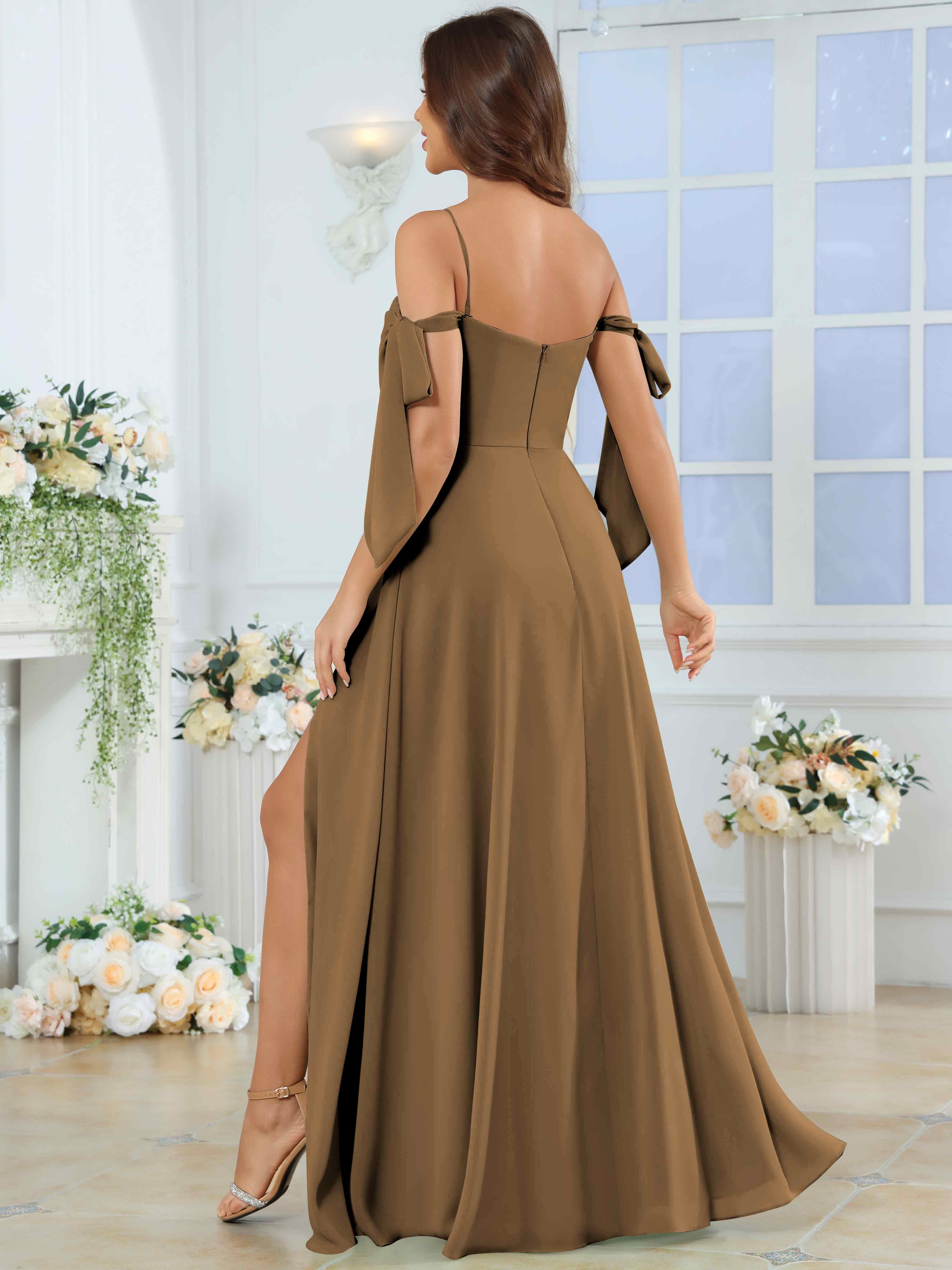 ROVDESY Spaghetti Strap Pleated Ruffle Slit Chiffon Bridesmaid Dress With Bow Sleeves