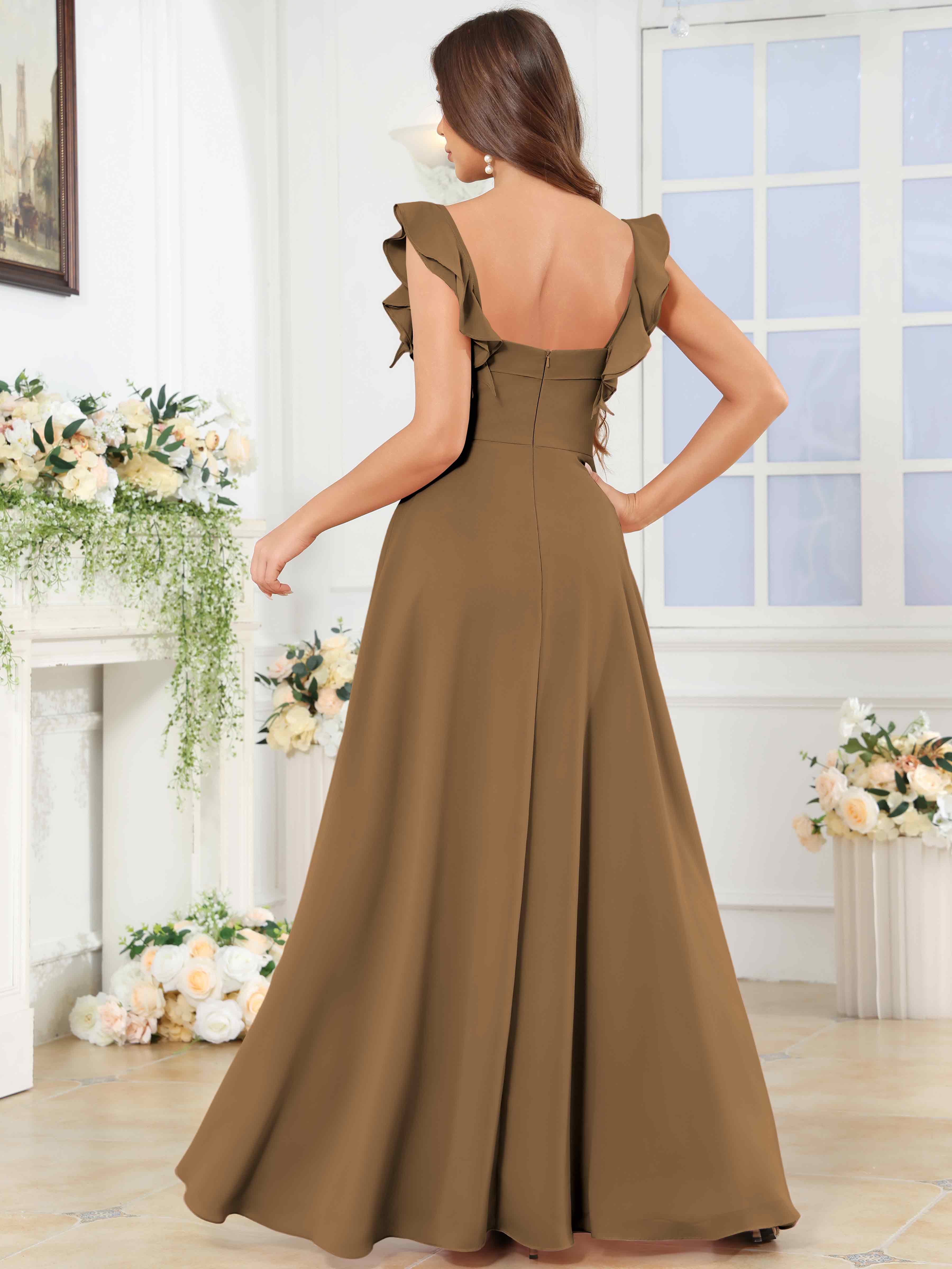 ROVDESY Square Neck Ruffle Chffion Bridesmaid Dress With Slit