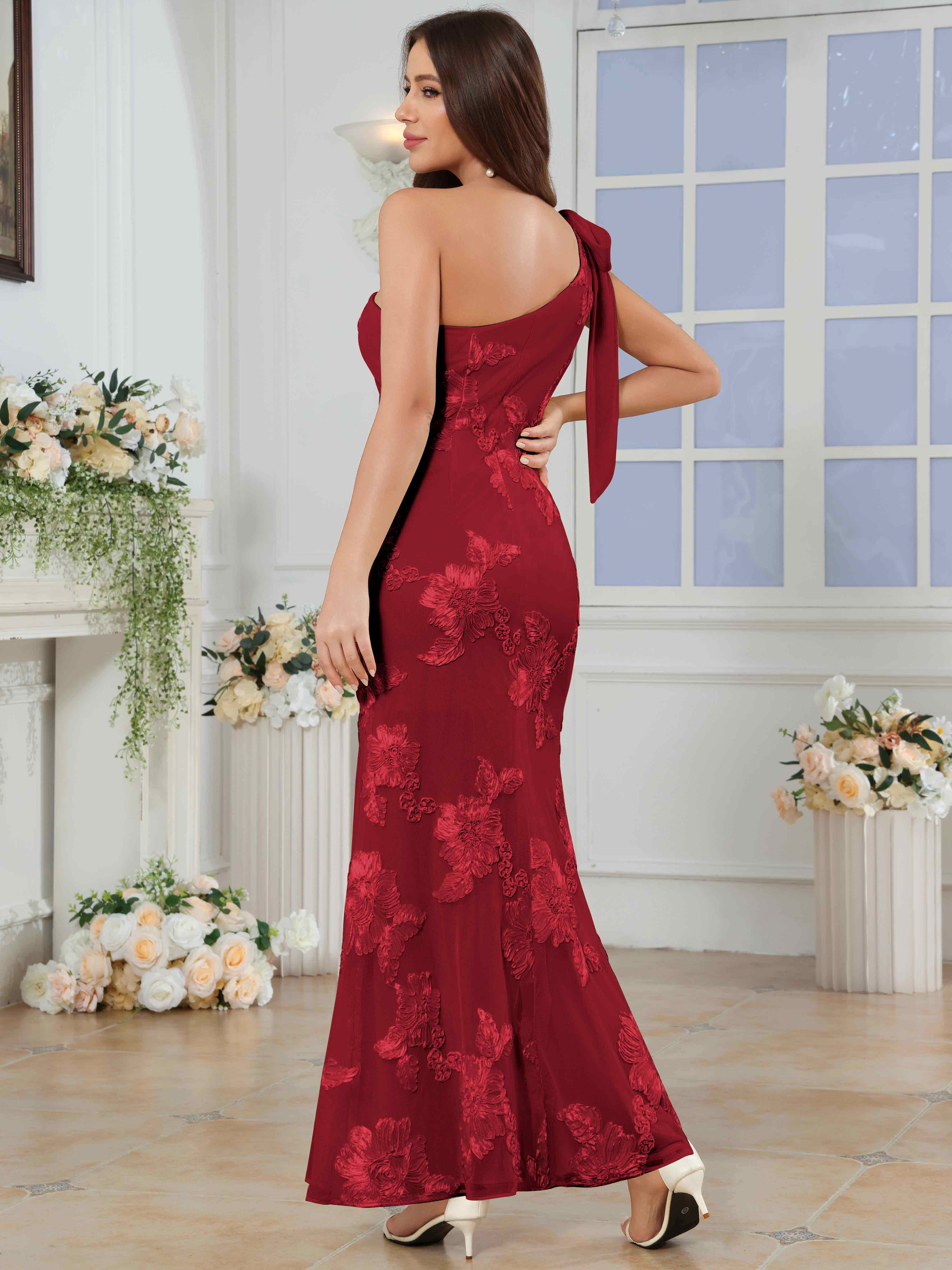 ROVDESY One-Shoulder Mermaid Floral Bridesmaid/Prom Dress