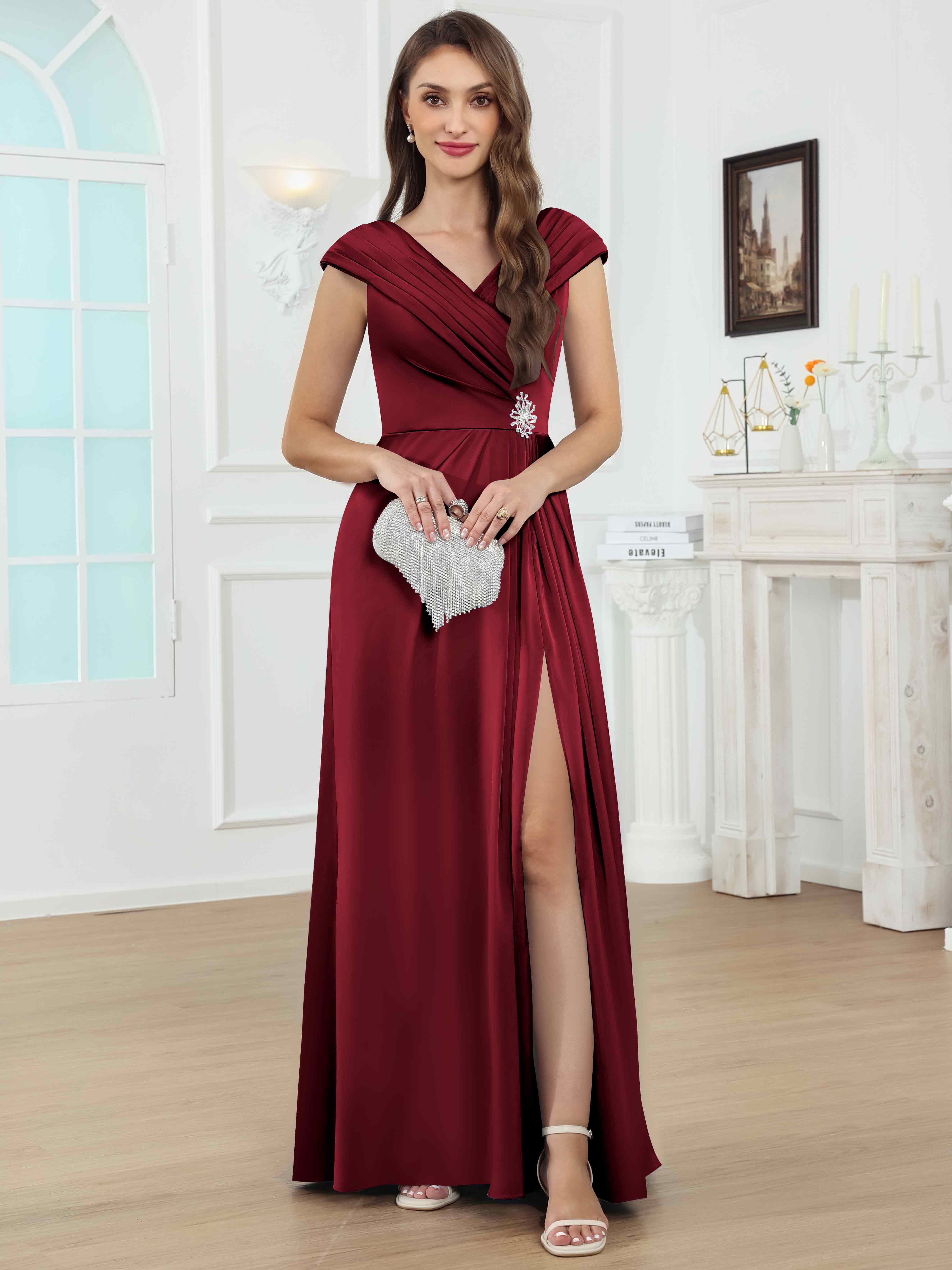 ROVDESY V-Neck Off The Shoulder Pleated Satin Mother Of The Bride Dress With Slit