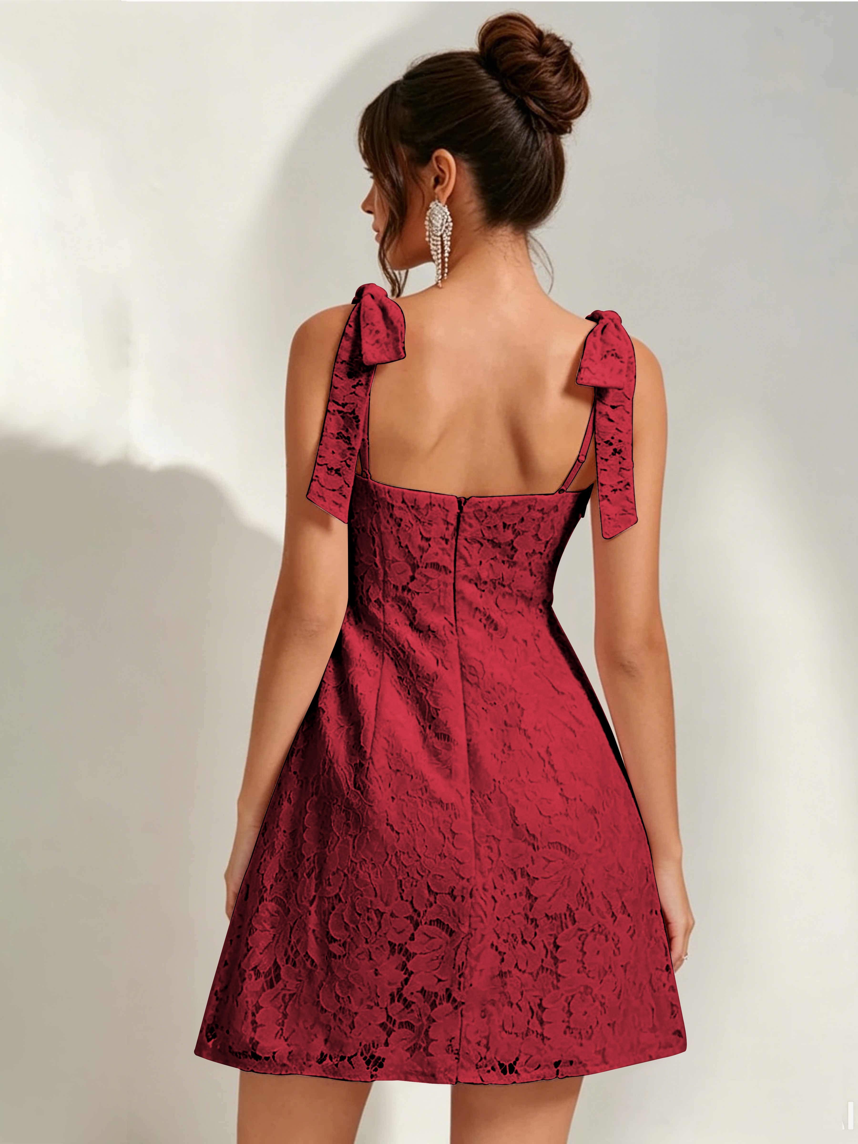 ROVDESY Bow Tie Spaghetti Strap A-Line  Floral Lace Mini Dress