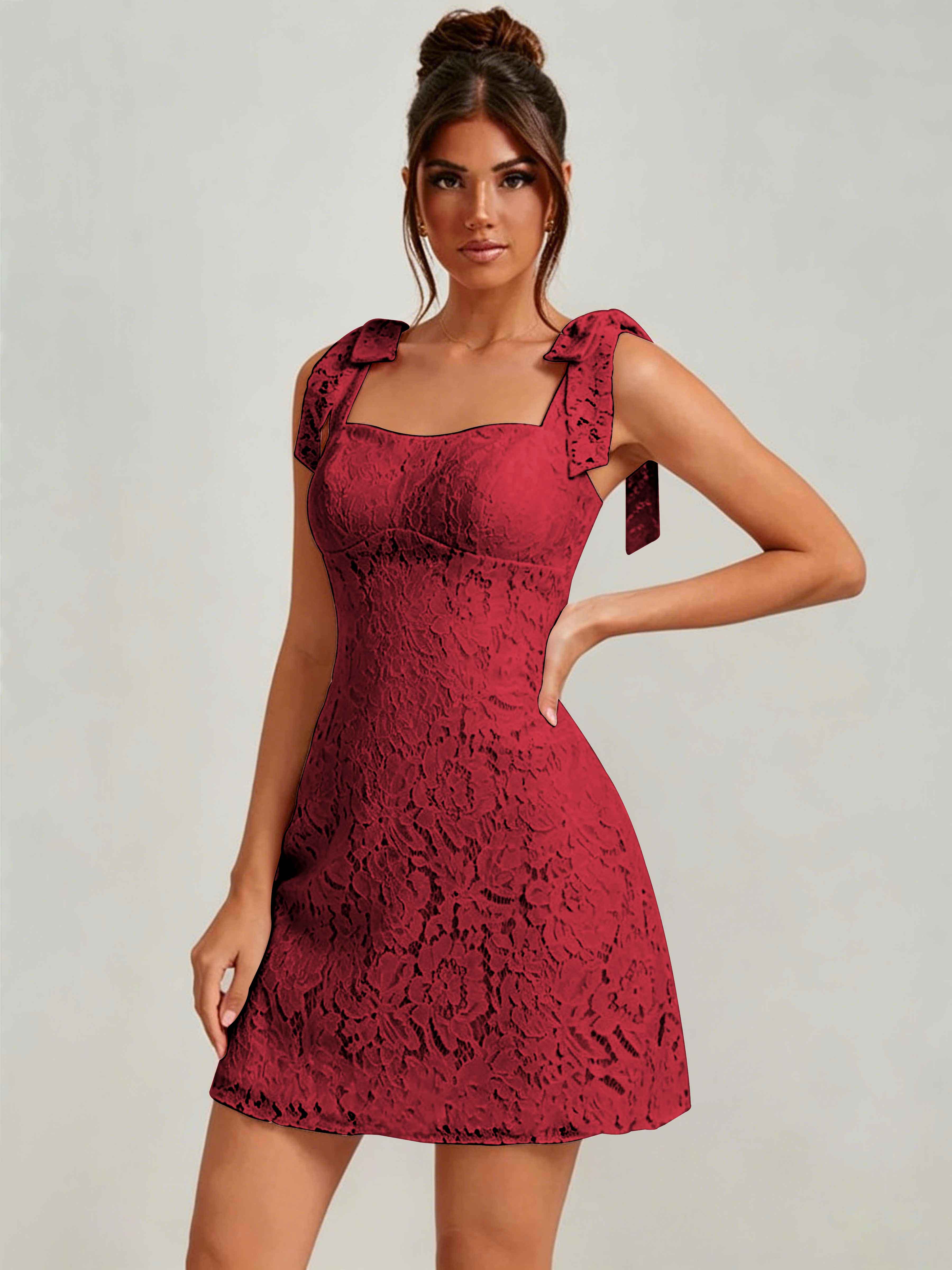 ROVDESY Bow Tie Spaghetti Strap A-Line  Floral Lace Mini Dress