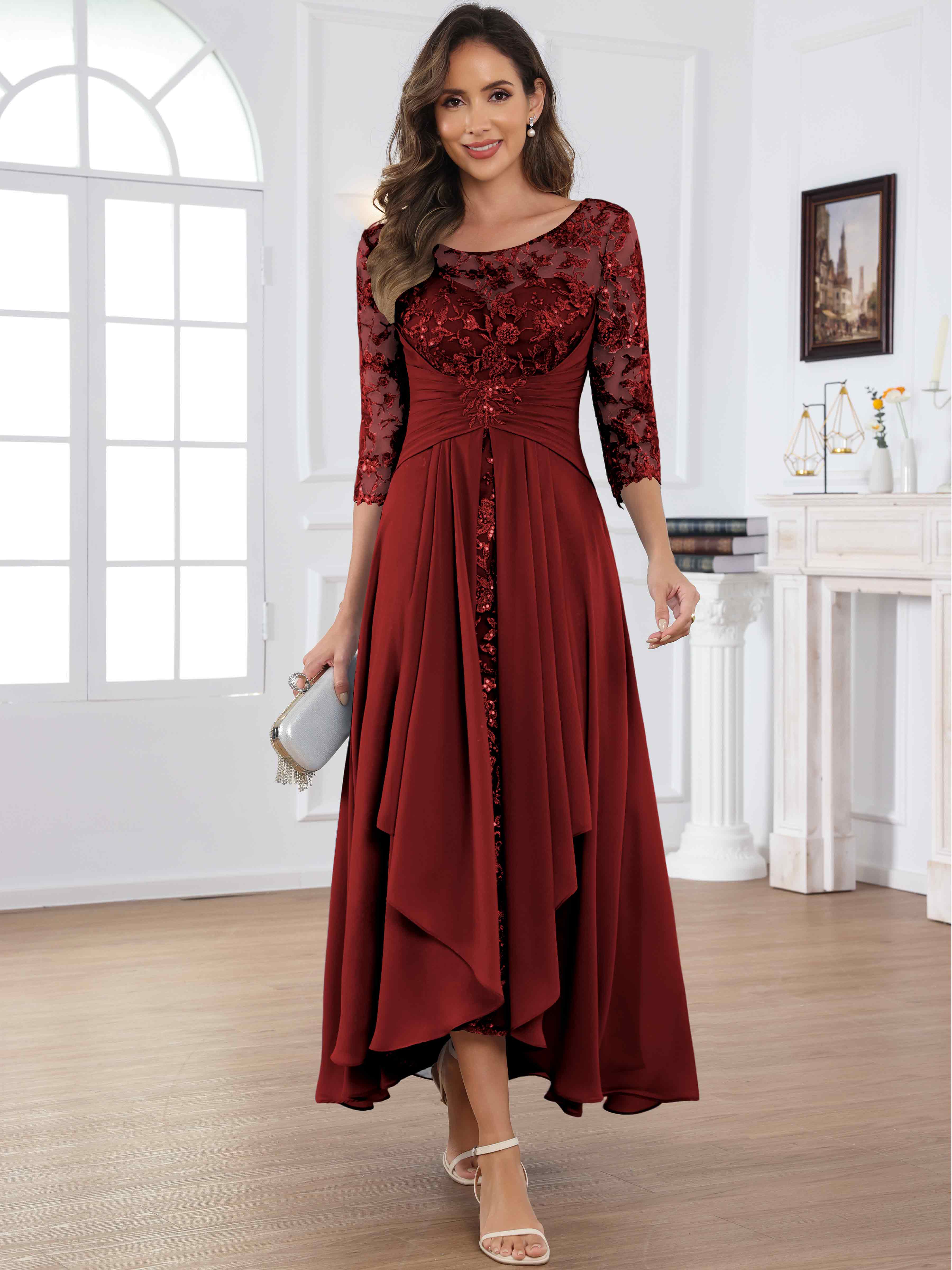 ROVDESY Tea Length Lace Chiffon Mother of The Bride Dress with 3/4 Sleeves