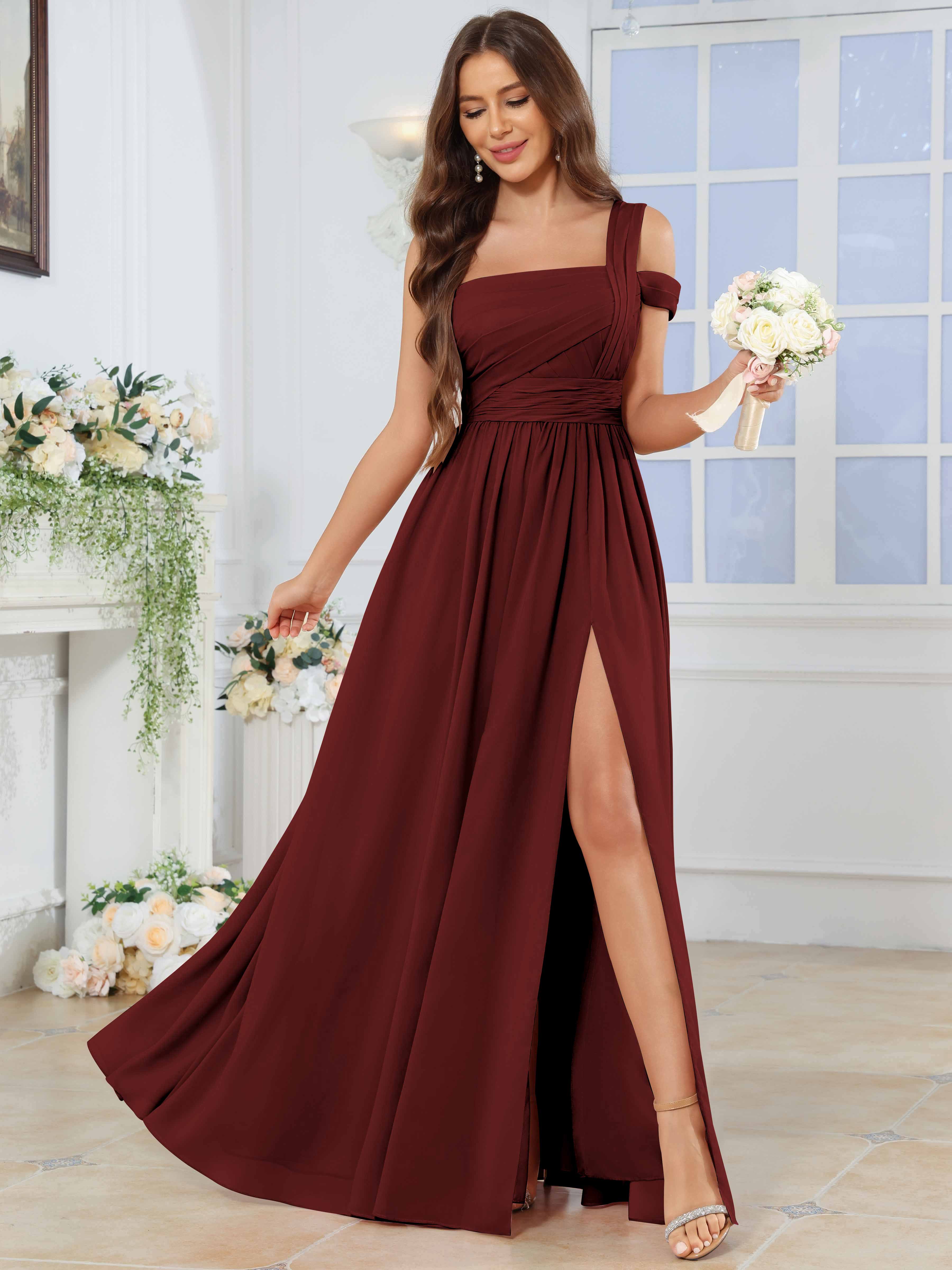 ROVDESY One Shoulder Pleated Chiffon Bridesmaid Dress With Slit