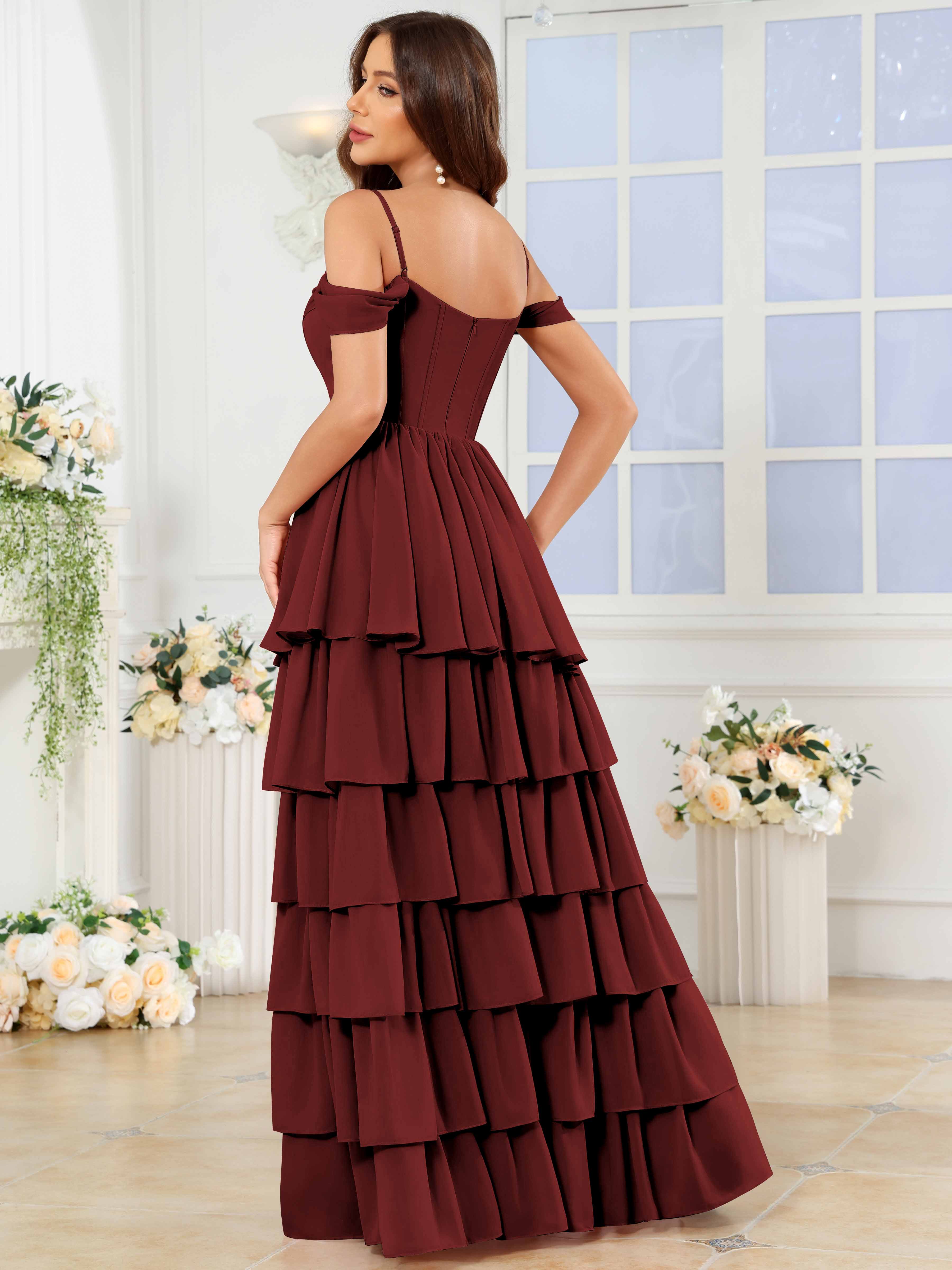 ROVDESY A-Line Off The Shoulder Tiered Chiffon Bridesmaid/Prom Dress With Slit