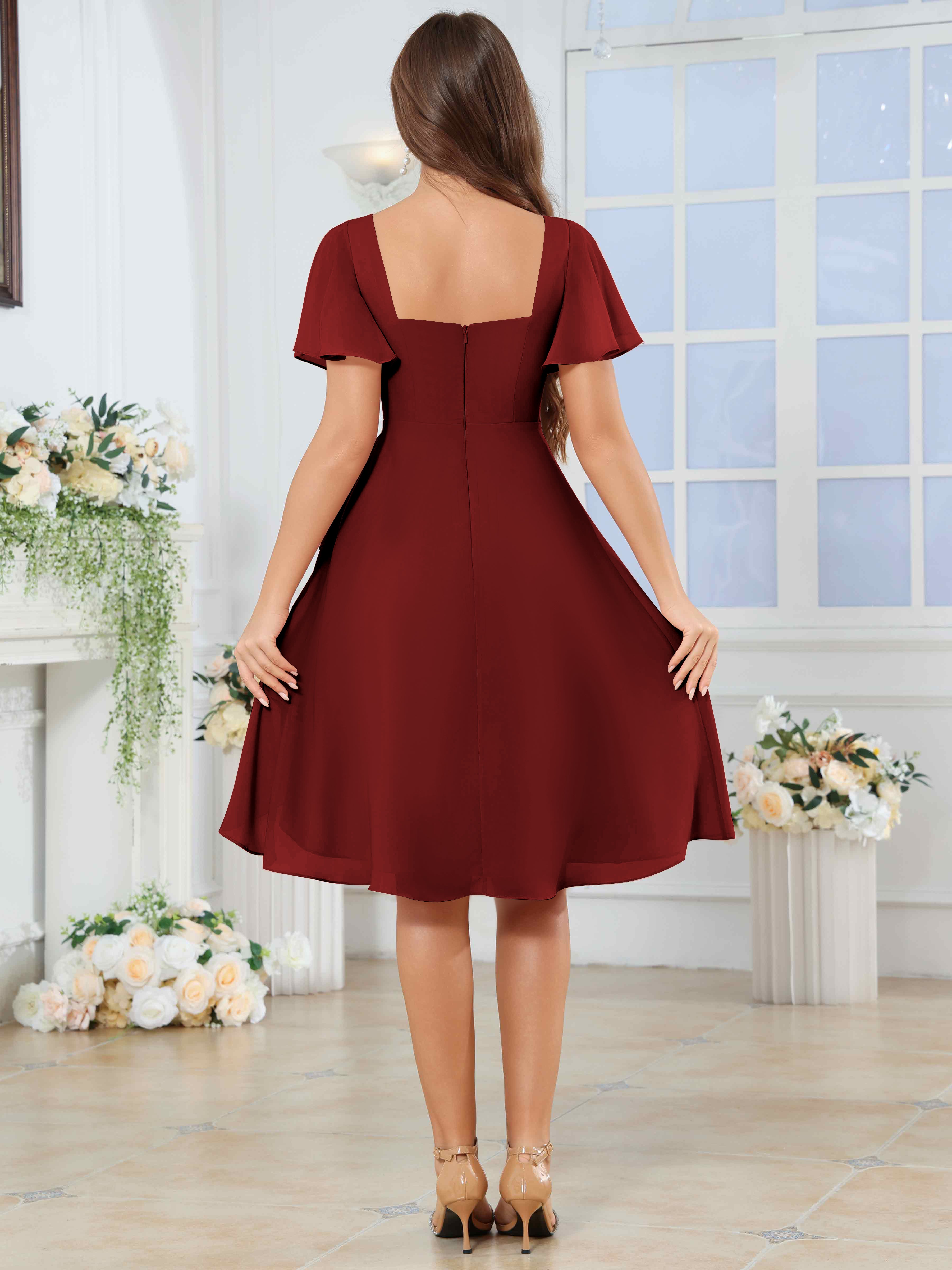 ROVDESY Knee Length V-Neck Pleated Chiffon Bridesmaid Dress With Short Sleeves