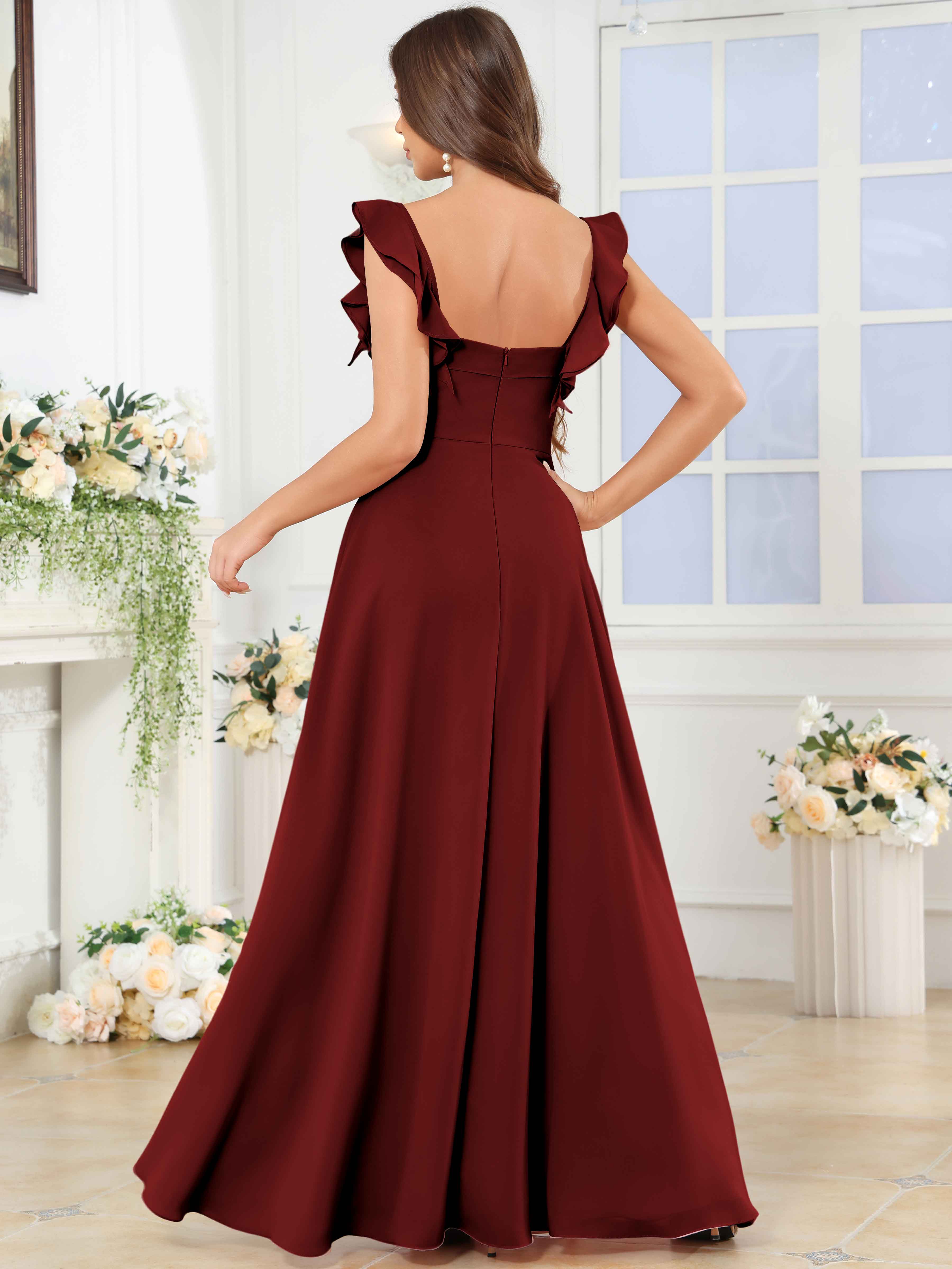 ROVDESY Square Neck Ruffle Chffion Bridesmaid Dress With Slit