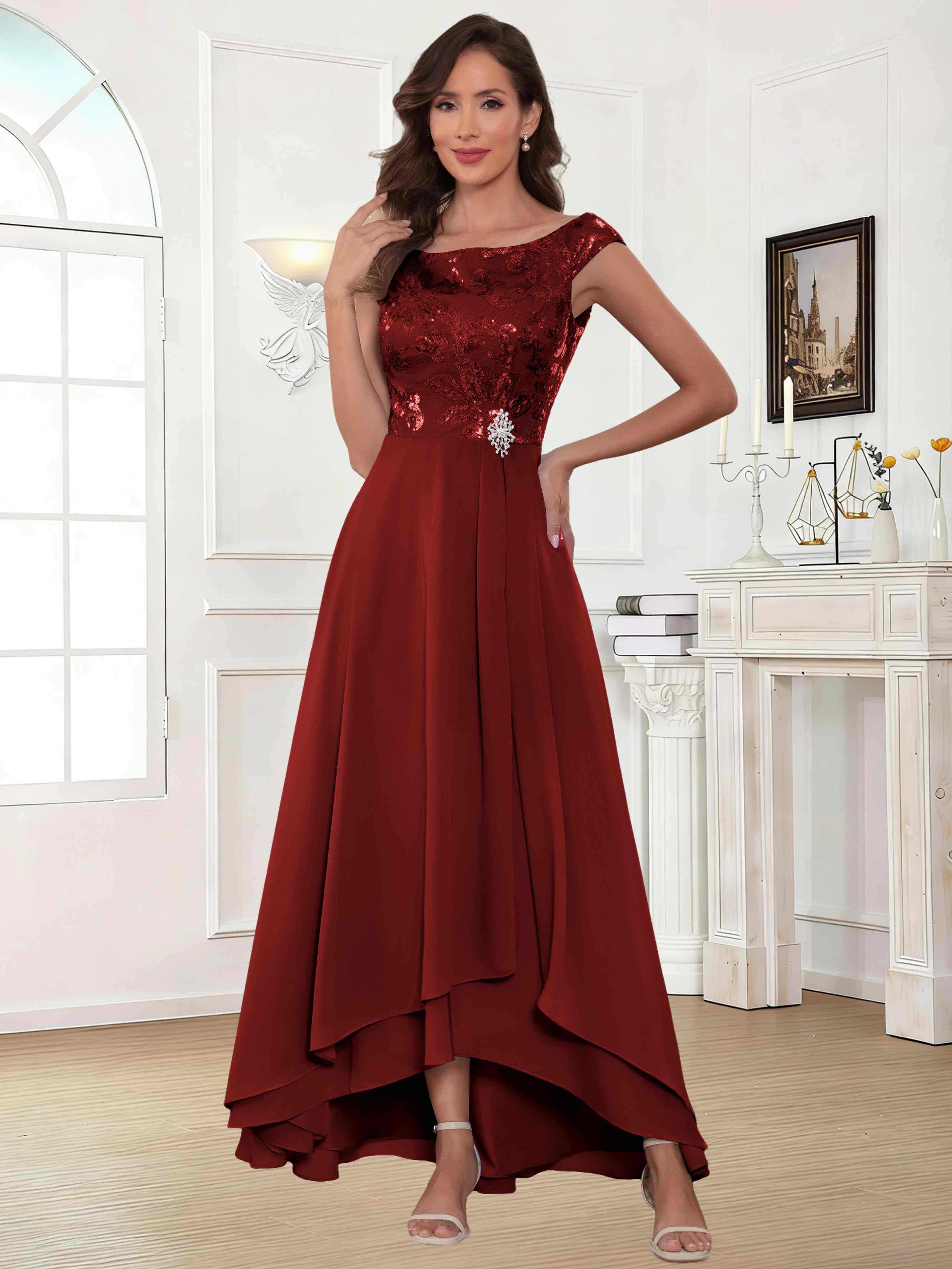 ROVDESY Tea Length Off-The-Shoulder Sequin Chiffon Mother Of The Bride Dress