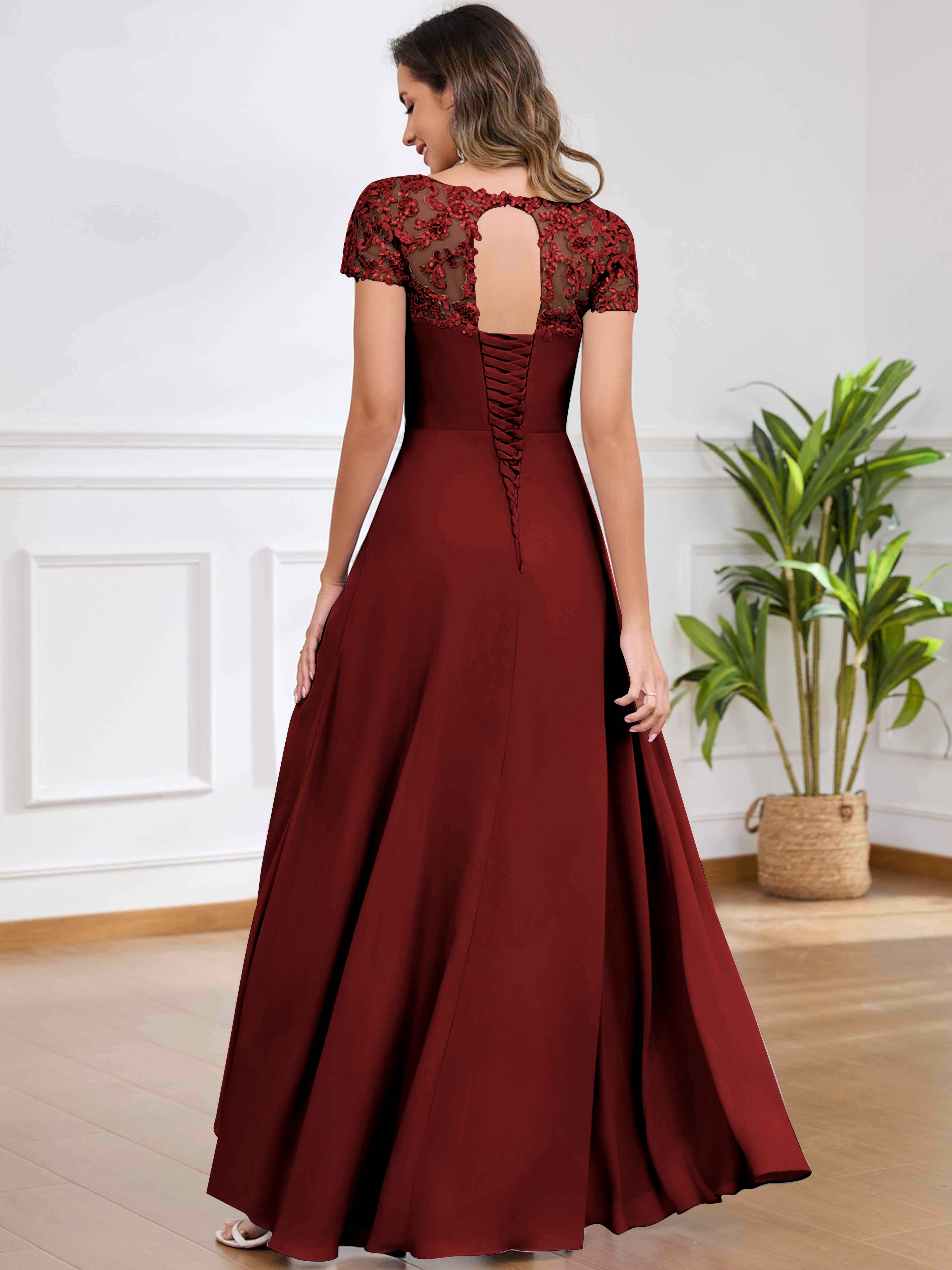 ROVDESY A-Line Pleated Lace Sequin Ruffle Chiffon Mother Of The Bride Dress With Slit