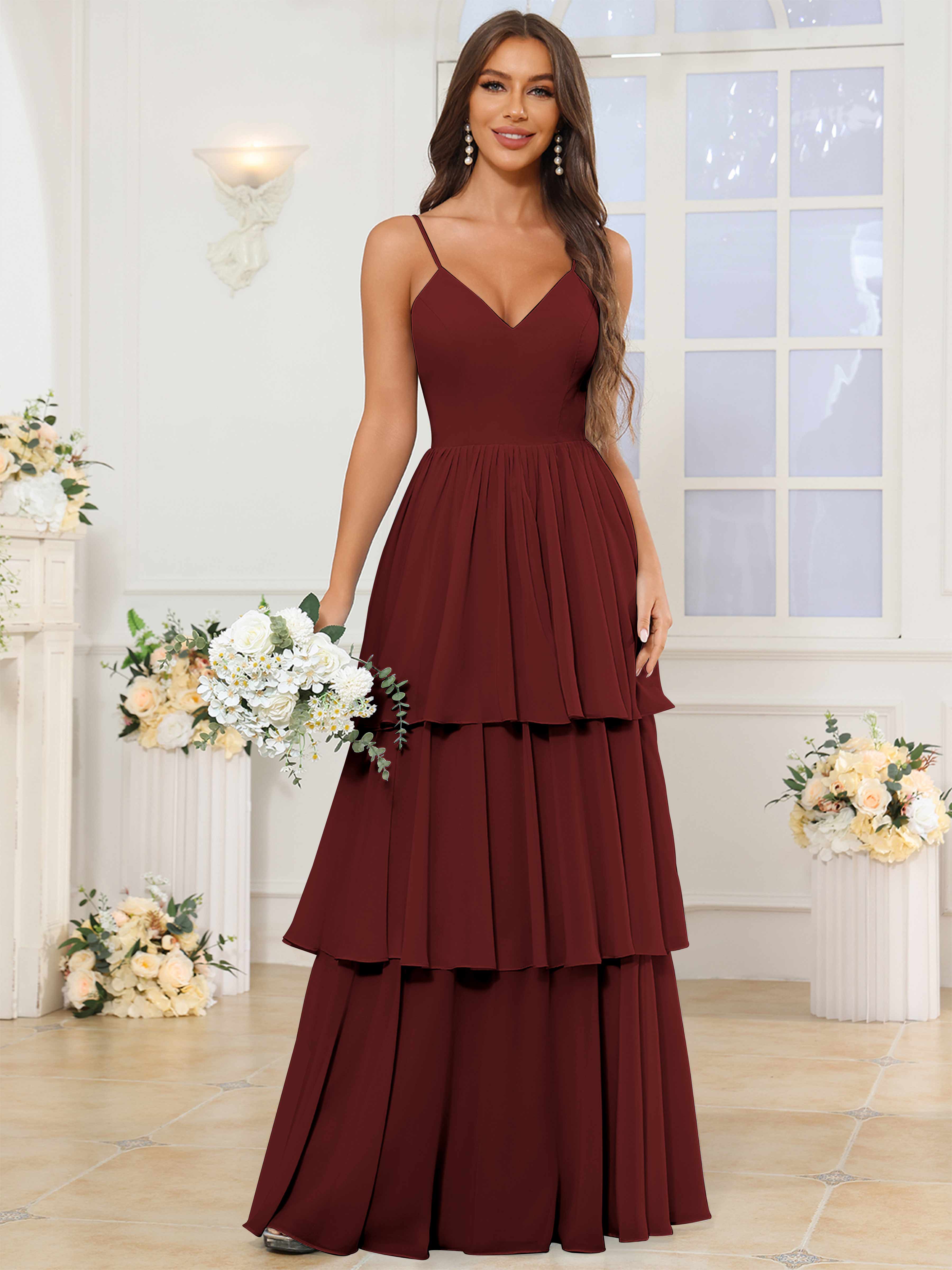 ROVDESY V-Neck Spaghetti Straps Tiered Chiffon Bridesmaid Dress With Ruffles
