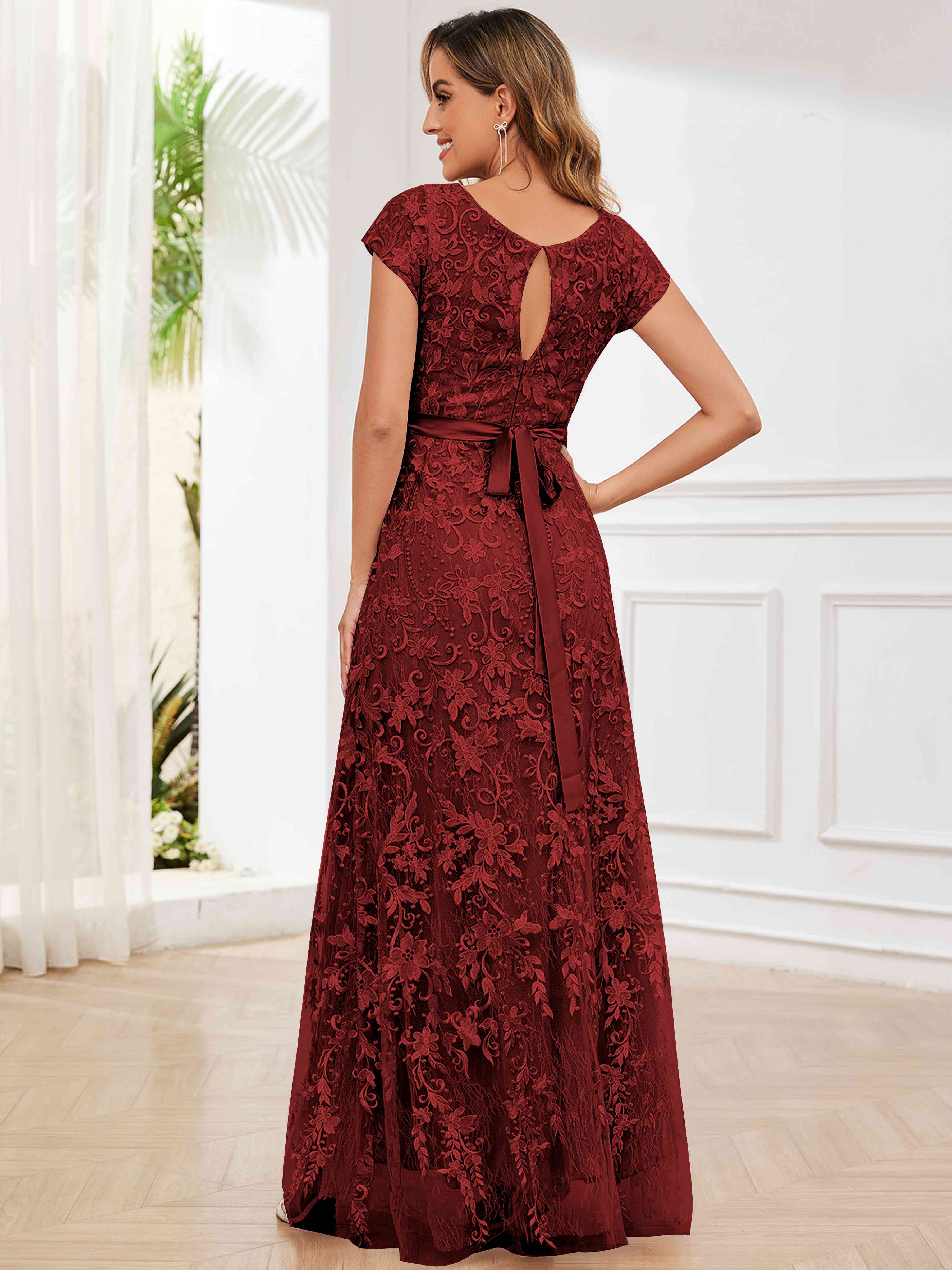 ROVDESY Elegant Lace Mother Of The Bride Dress With Short Sleeves Formal Gown