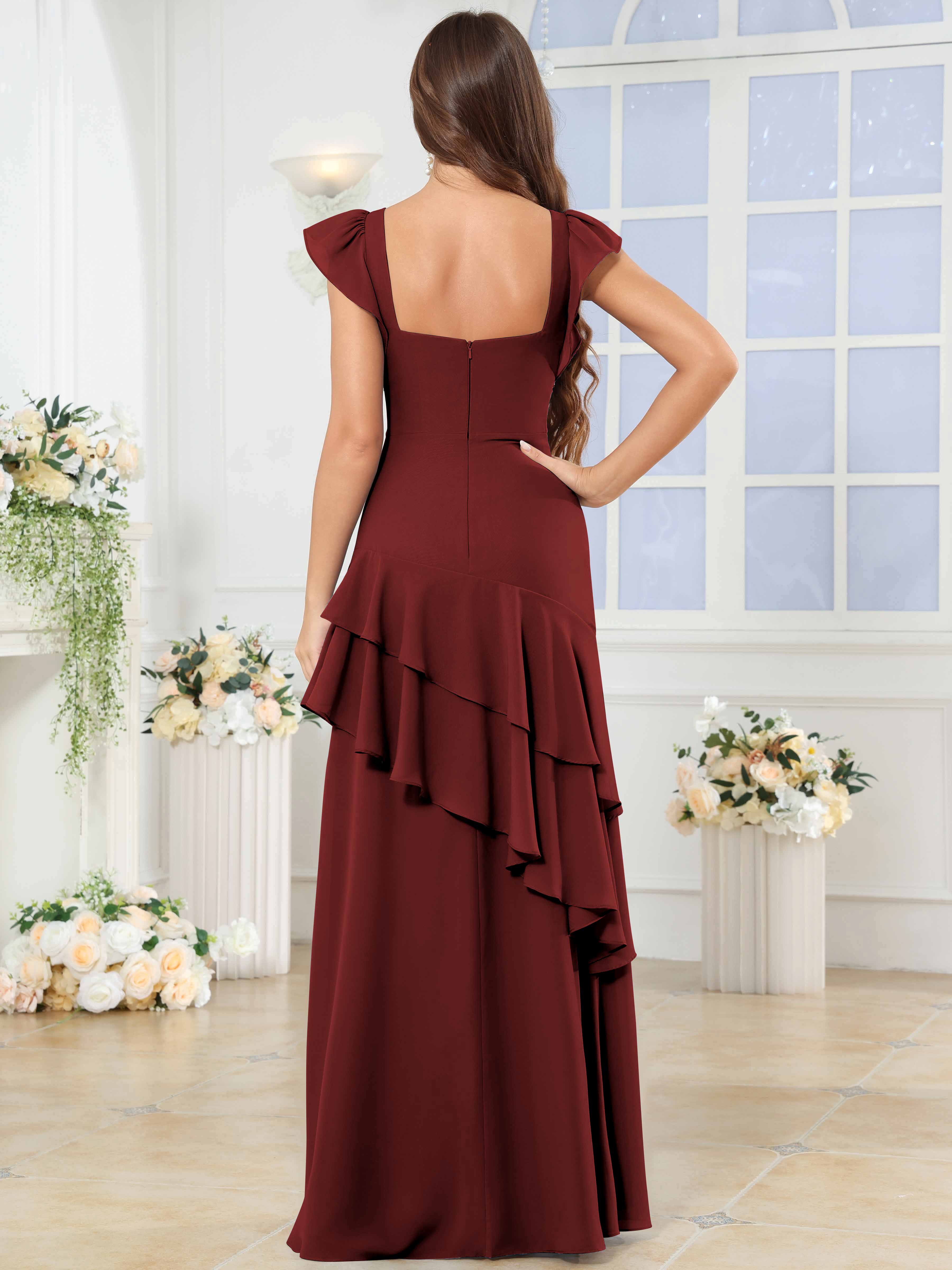 ROVDESY Sweetheart Tiered Ruffle Chiffon Bridesmaid Dress With Short Sleeves