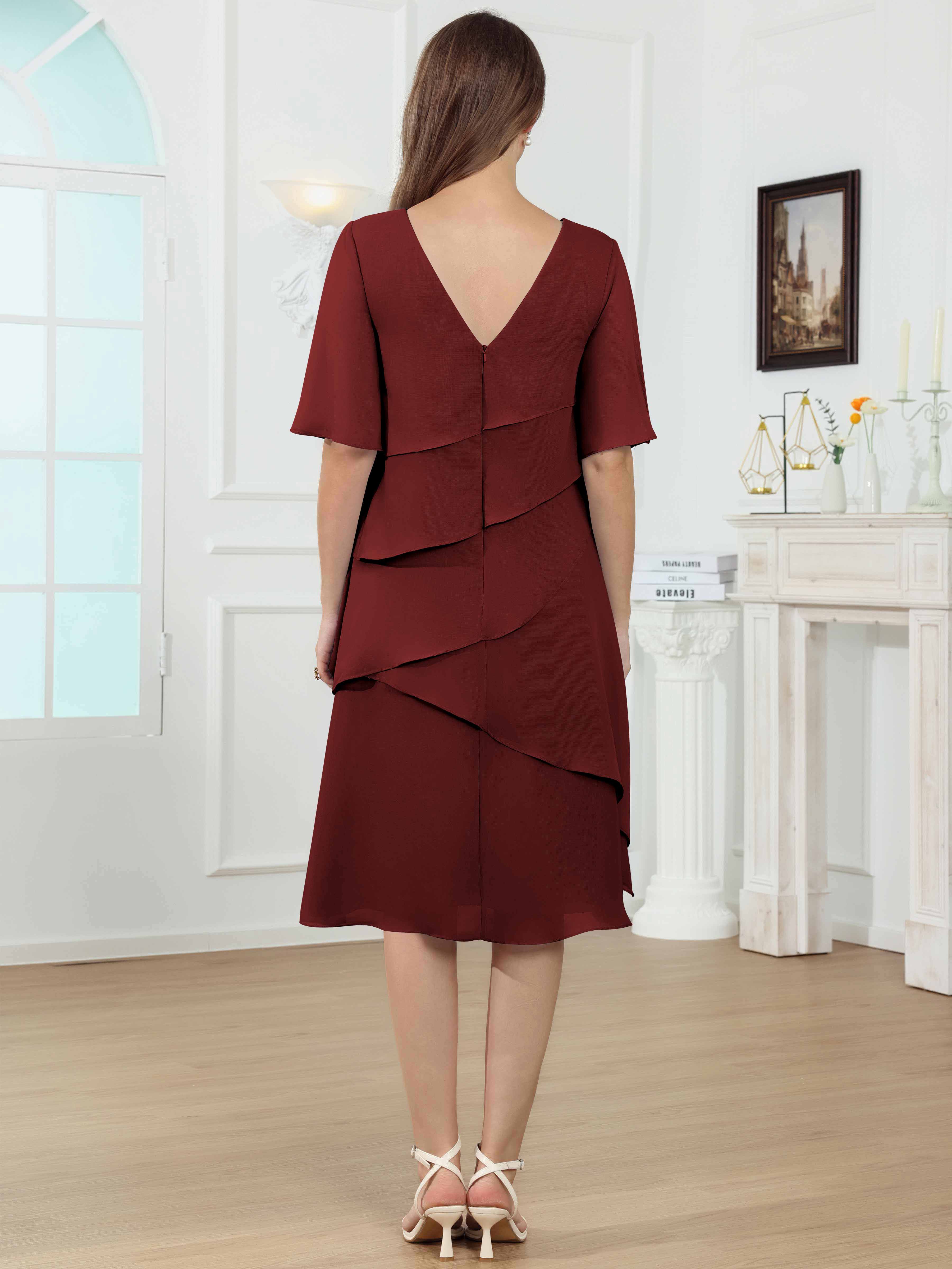 ROVDESY Knee Length Tiered Ruffle Chiffon Mother Of The Bride Dress With Half Sleeves