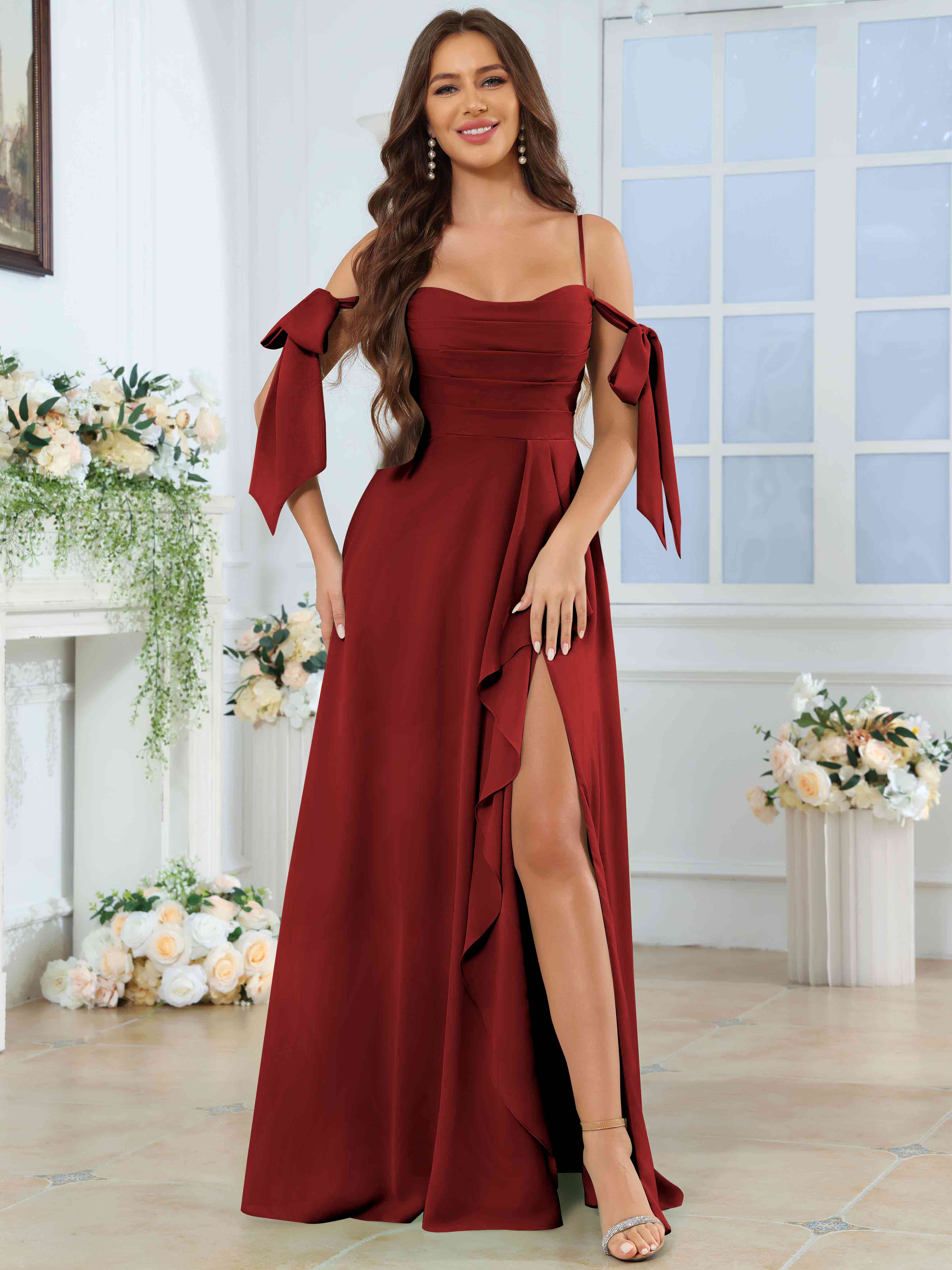 ROVDESY Spaghetti Strap Pleated Ruffle Slit Chiffon Bridesmaid Dress With Bow Sleeves
