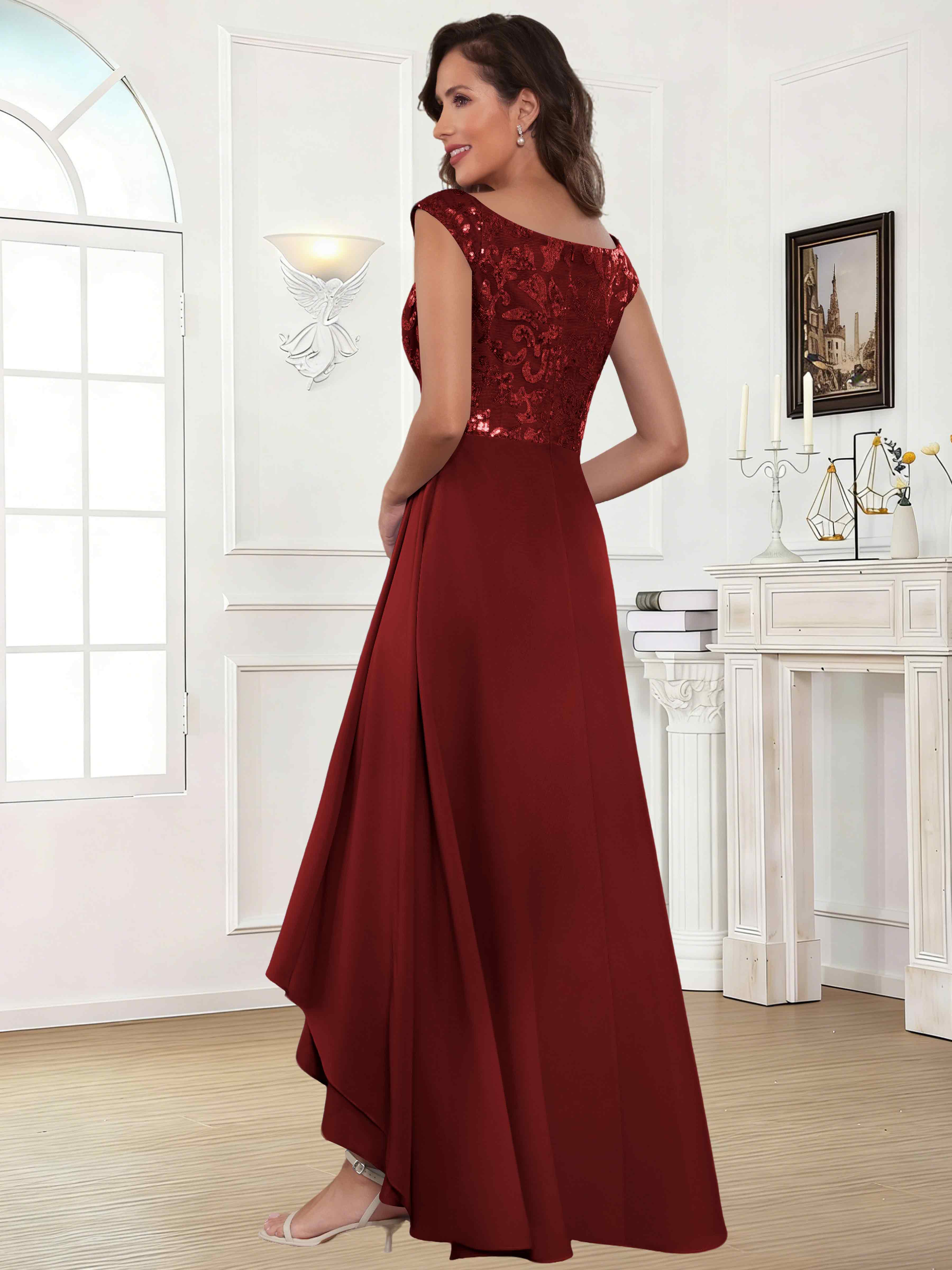 ROVDESY Tea Length Off-The-Shoulder Sequin Chiffon Mother Of The Bride Dress