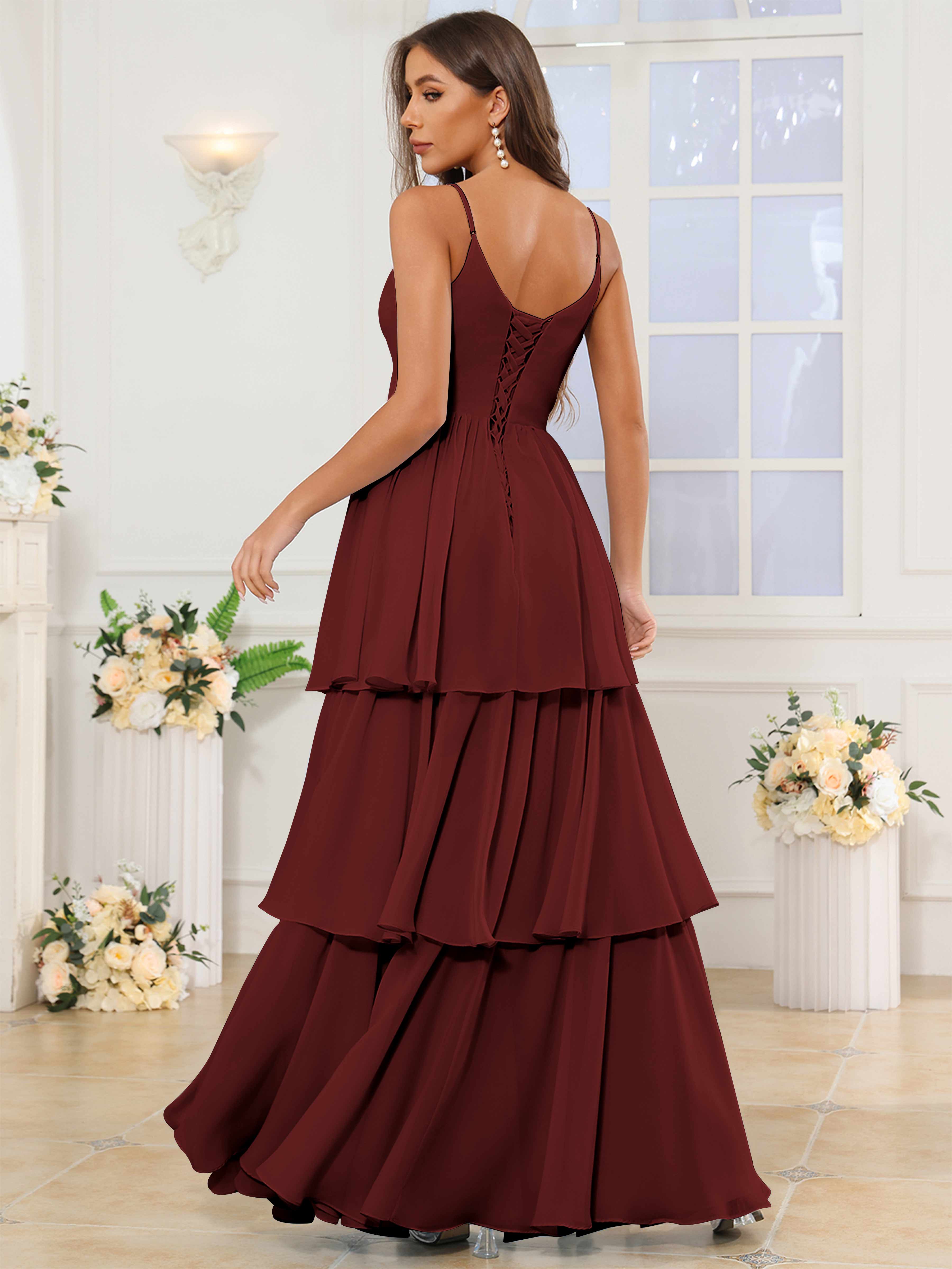 ROVDESY V-Neck Spaghetti Straps Tiered Chiffon Bridesmaid Dress With Ruffles
