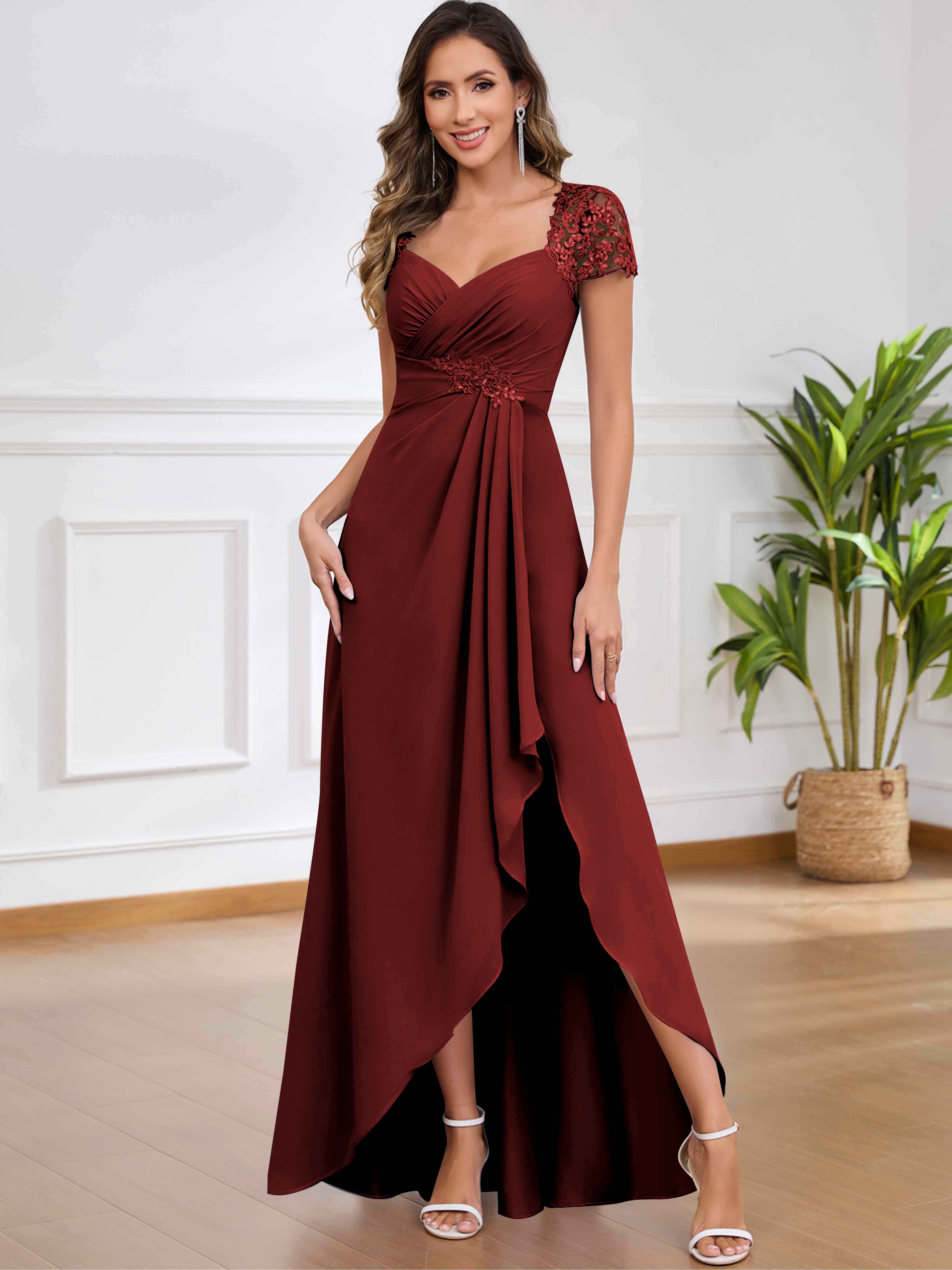 ROVDESY A-Line Pleated Lace Sequin Ruffle Chiffon Mother Of The Bride Dress With Slit