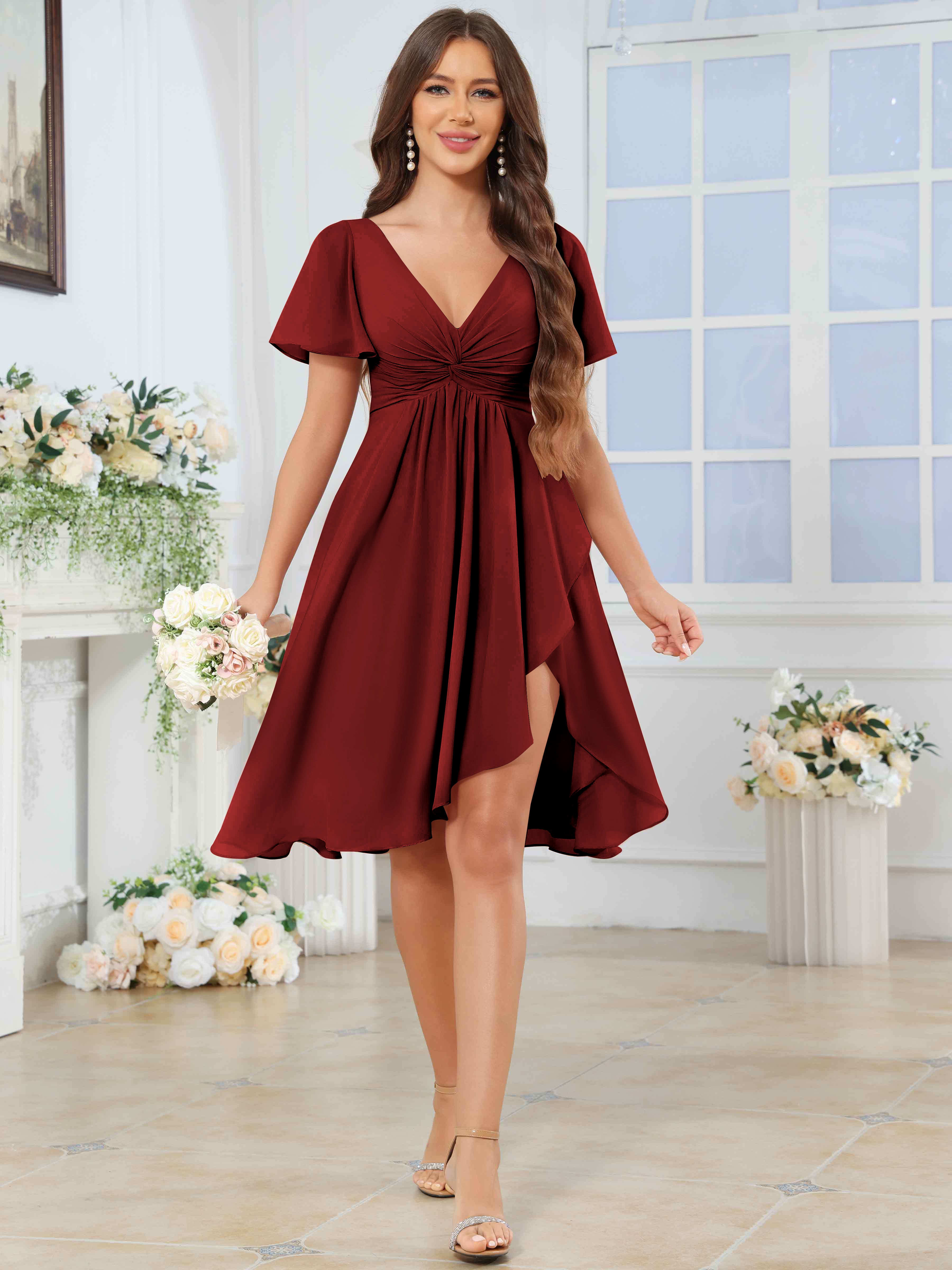 ROVDESY Knee Length V-Neck Pleated Chiffon Bridesmaid Dress With Short Sleeves