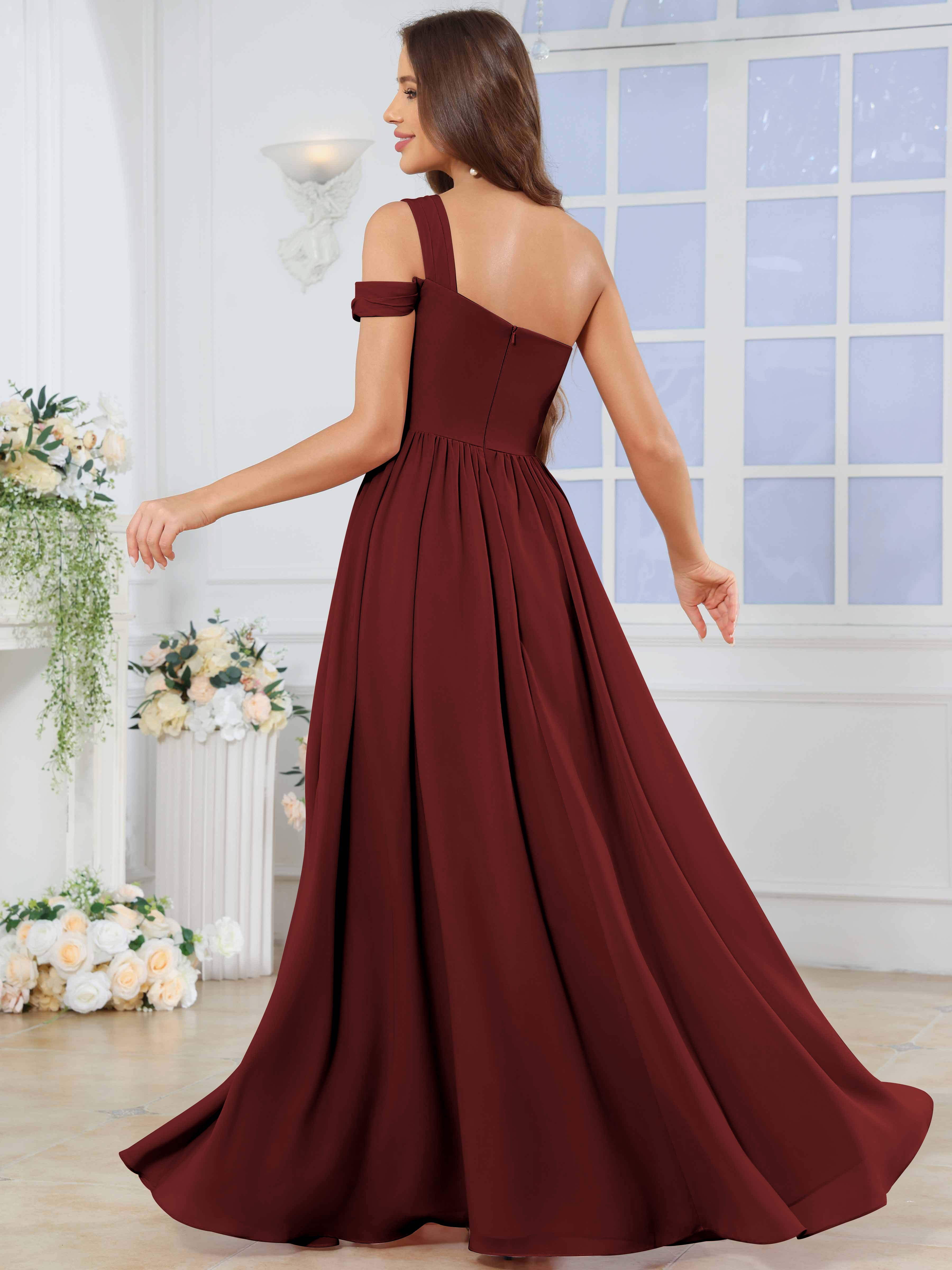 ROVDESY One Shoulder Pleated Chiffon Bridesmaid Dress With Slit