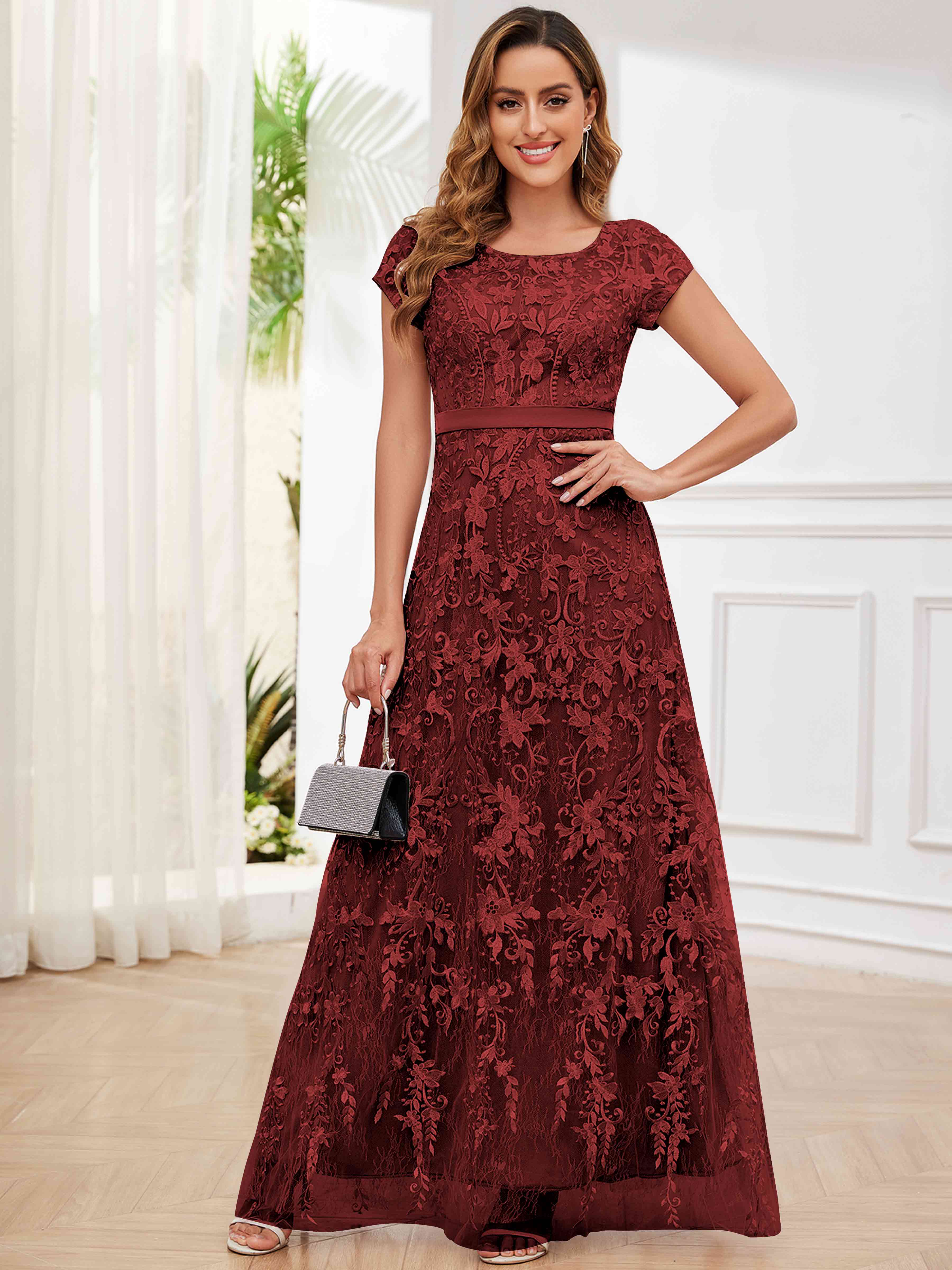 ROVDESY Elegant Lace Mother Of The Bride Dress With Short Sleeves Formal Gown