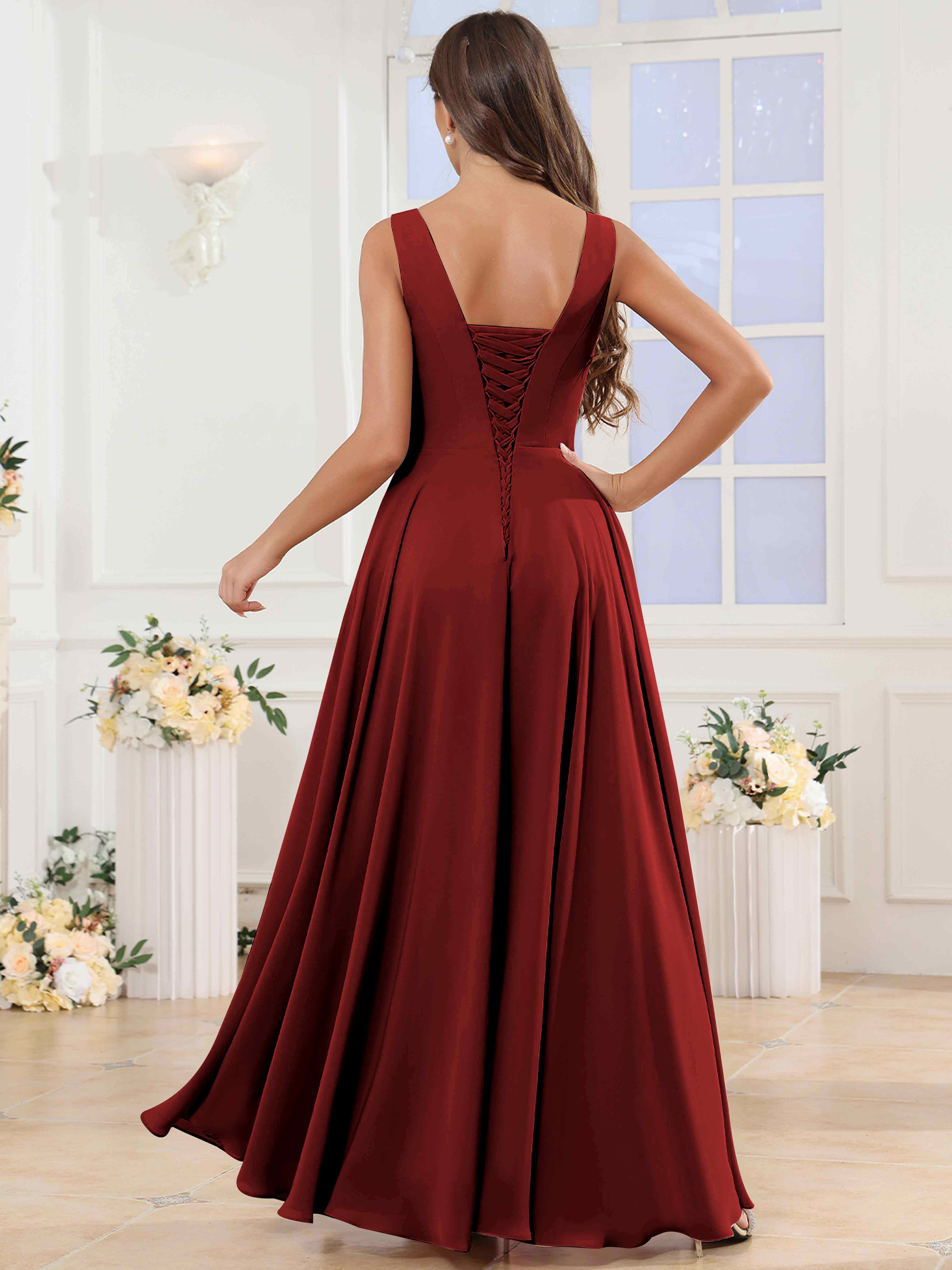 ROVDESY V-Neck Pleated Sleeveless Ruffle Chiffon Bridesmaid Dress With Slit