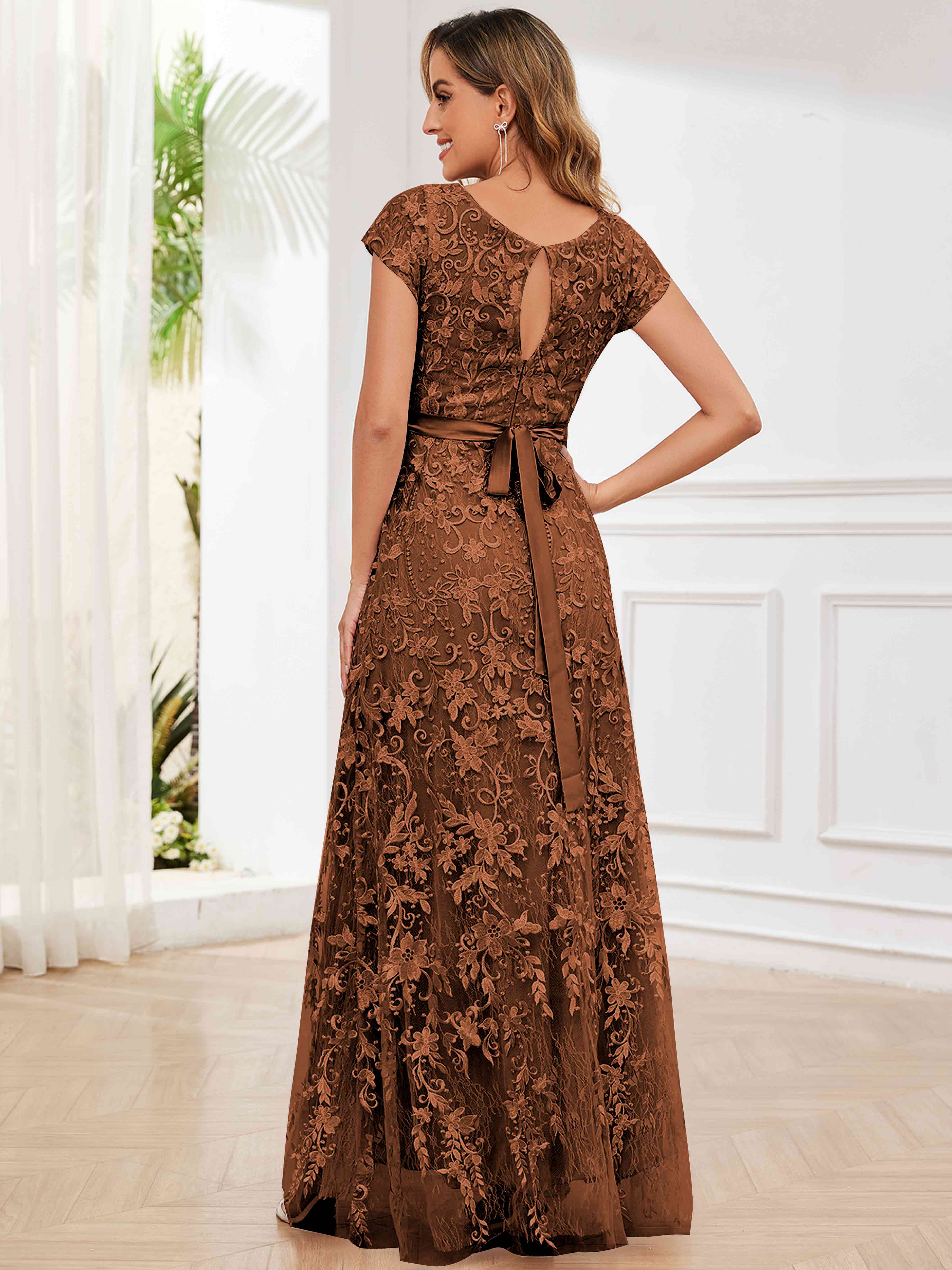 ROVDESY Elegant Lace Mother Of The Bride Dress With Short Sleeves Formal Gown