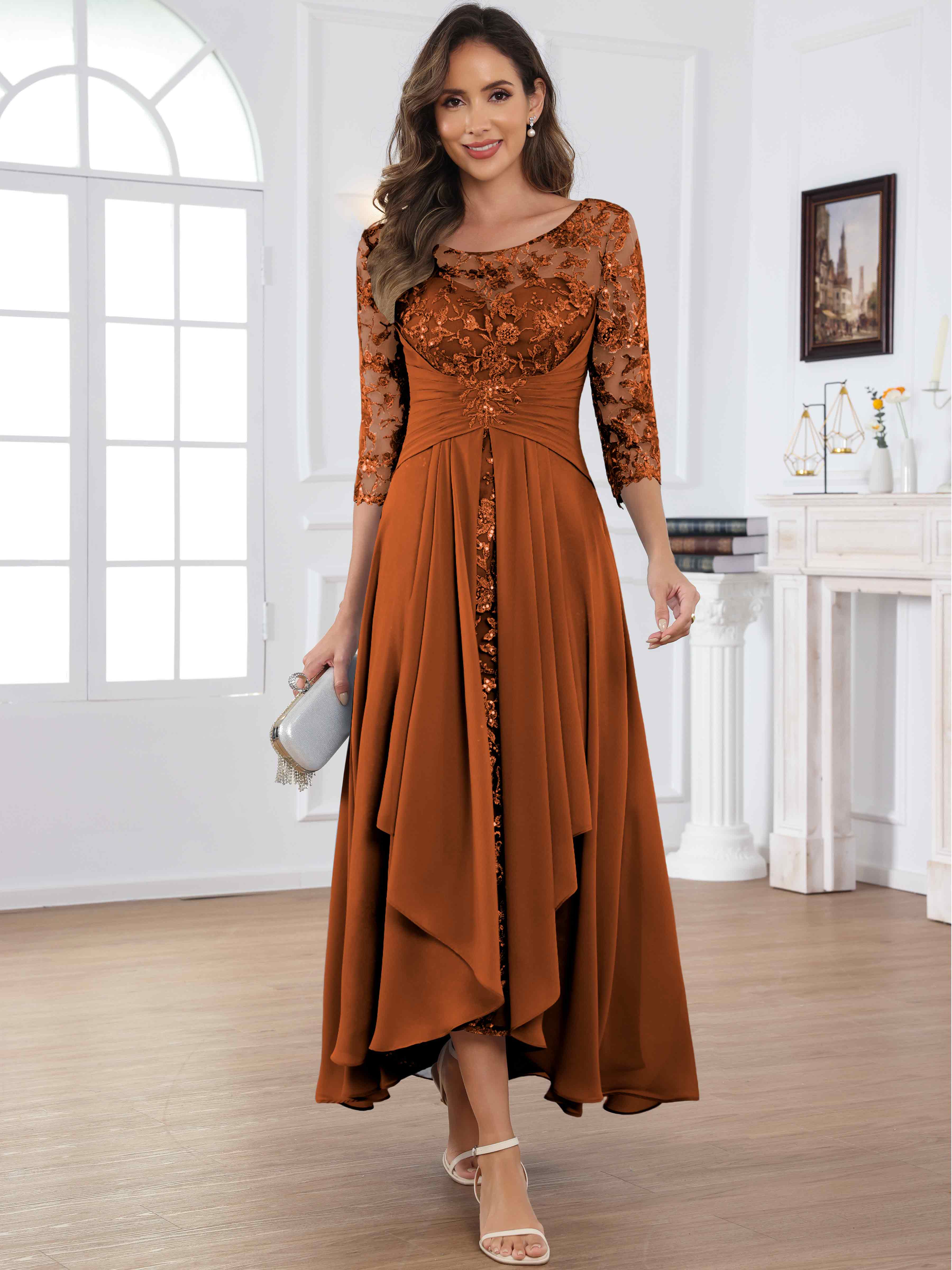 ROVDESY Tea Length Lace Chiffon Mother of The Bride Dress with 3/4 Sleeves